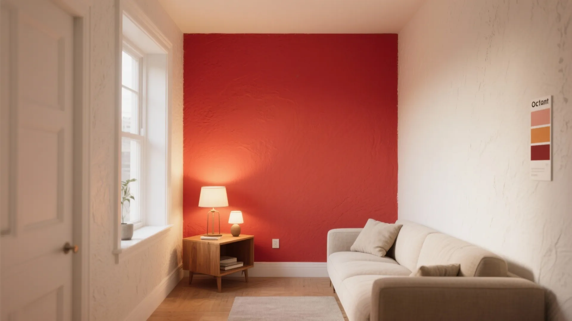 Small living room with a single red accent wall, neutral furniture and visible eggshell paint texture.
