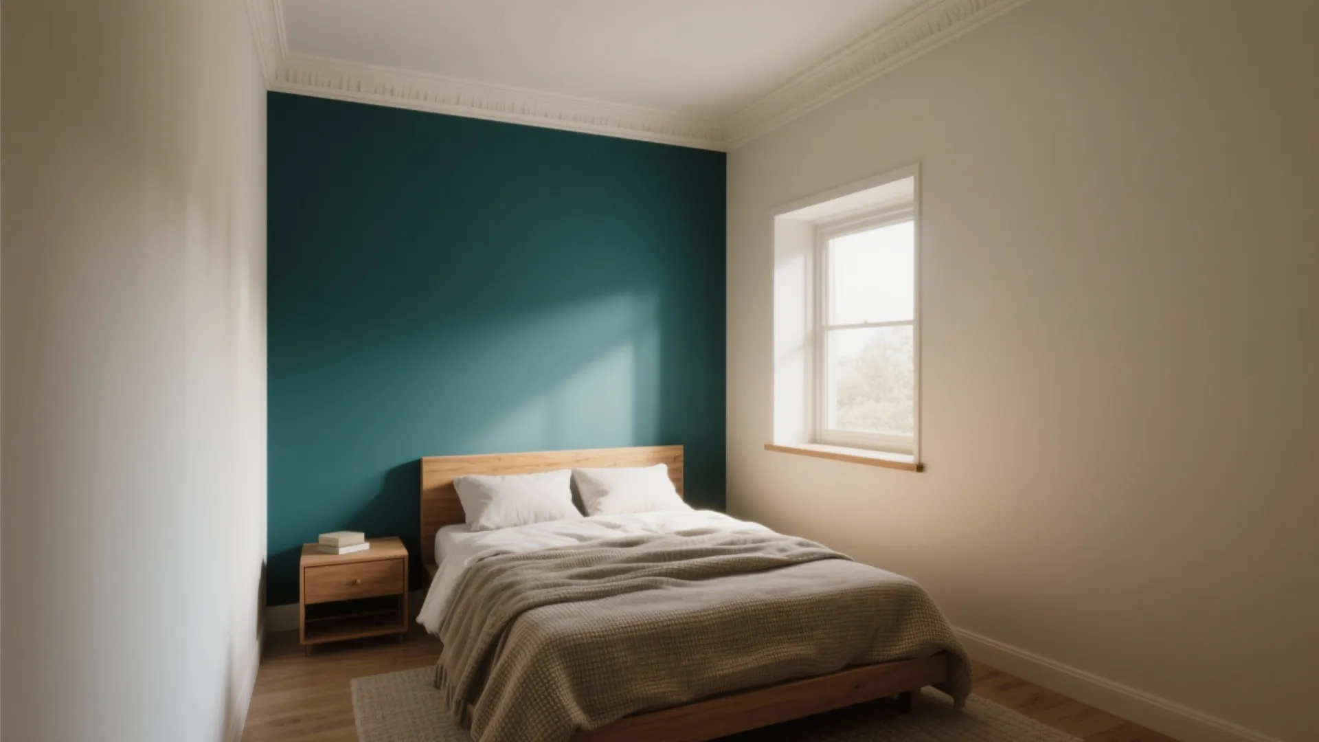 Modern bedroom with dark teal accent wall wooden bed white bedding side table and natural light