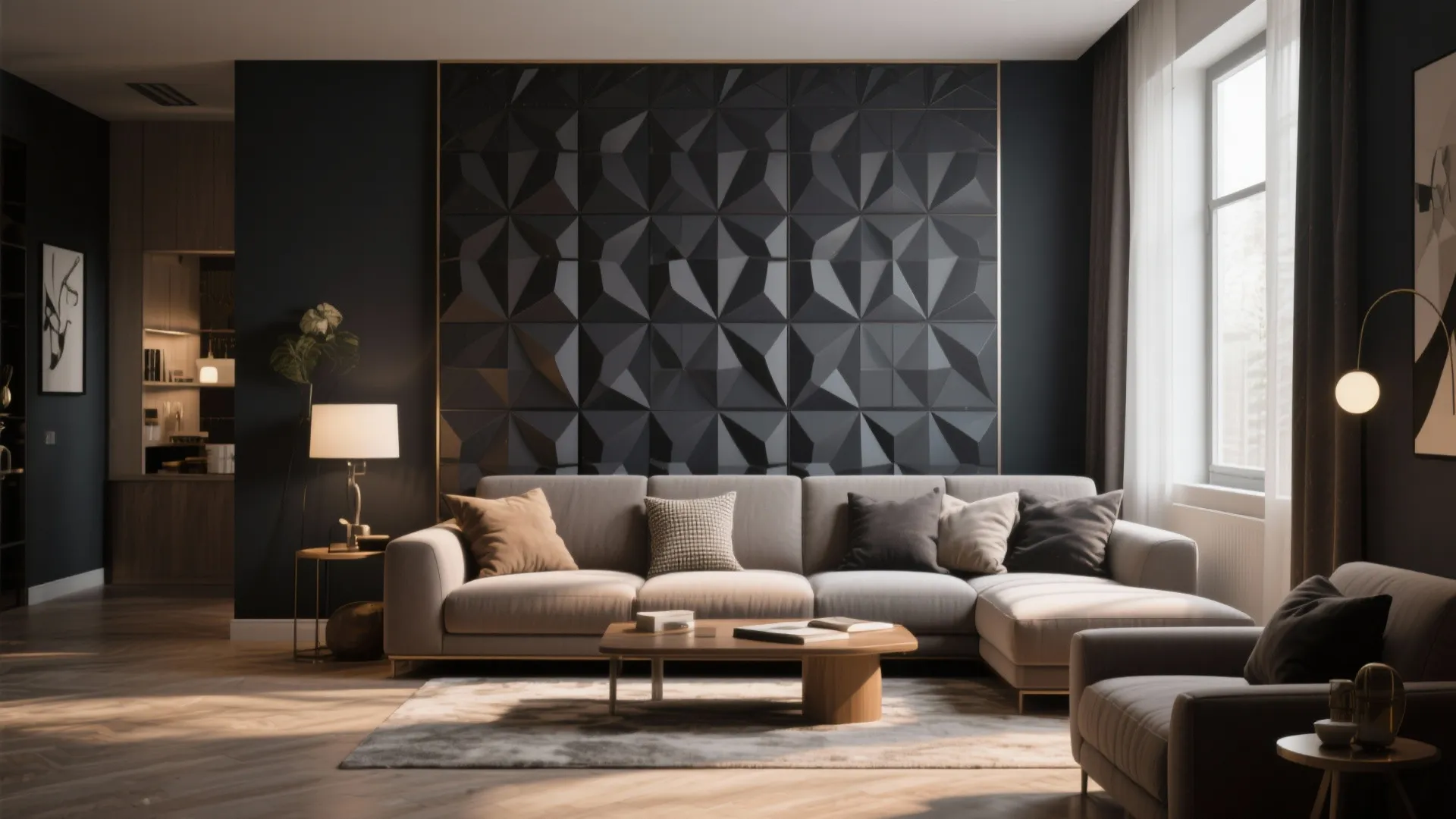 Modern living room featuring a grey sofa set against a black geometric pattern wall panel
