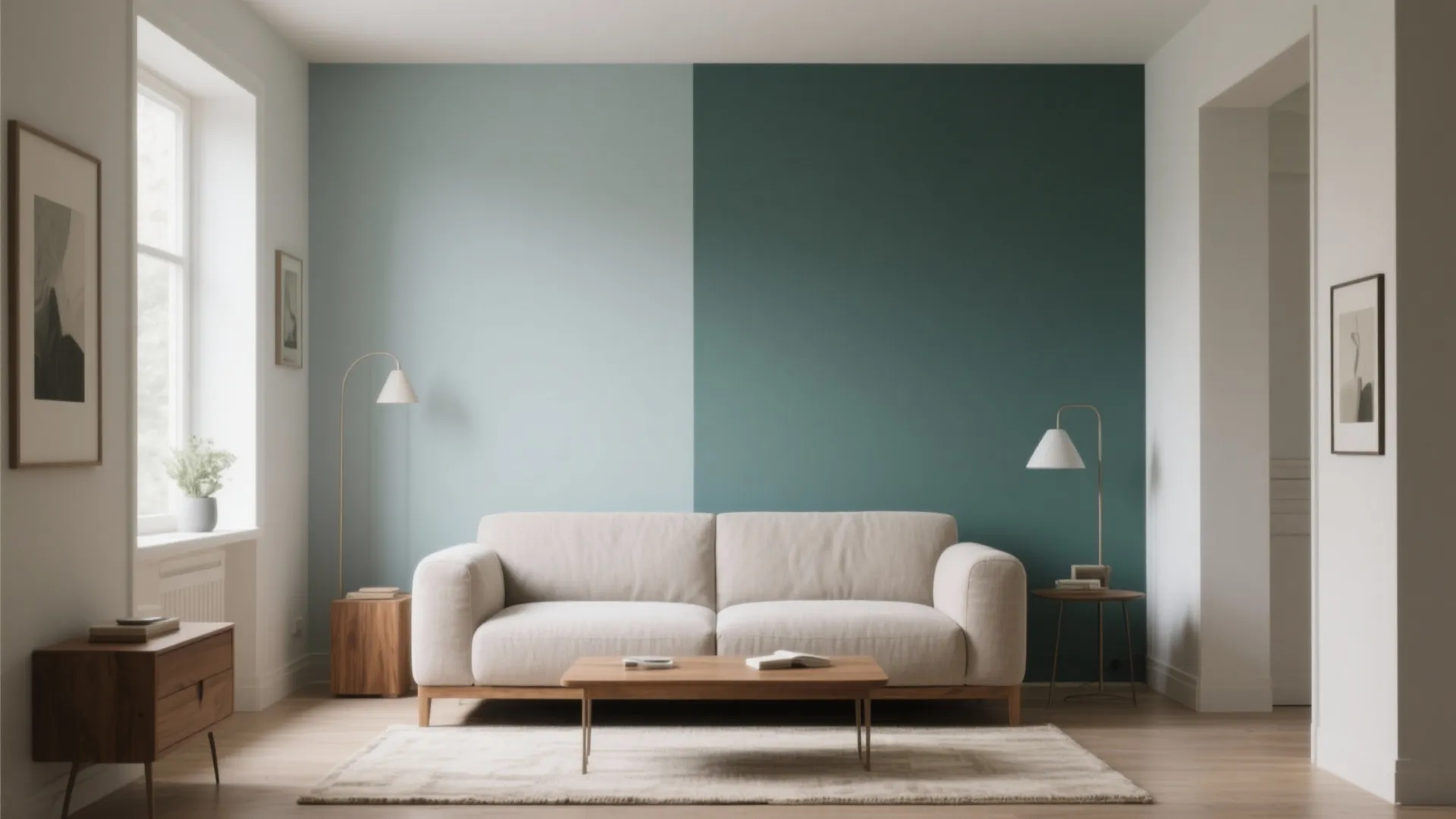 Modern living room with two tone blue and green wall beige sofa and wooden coffee table