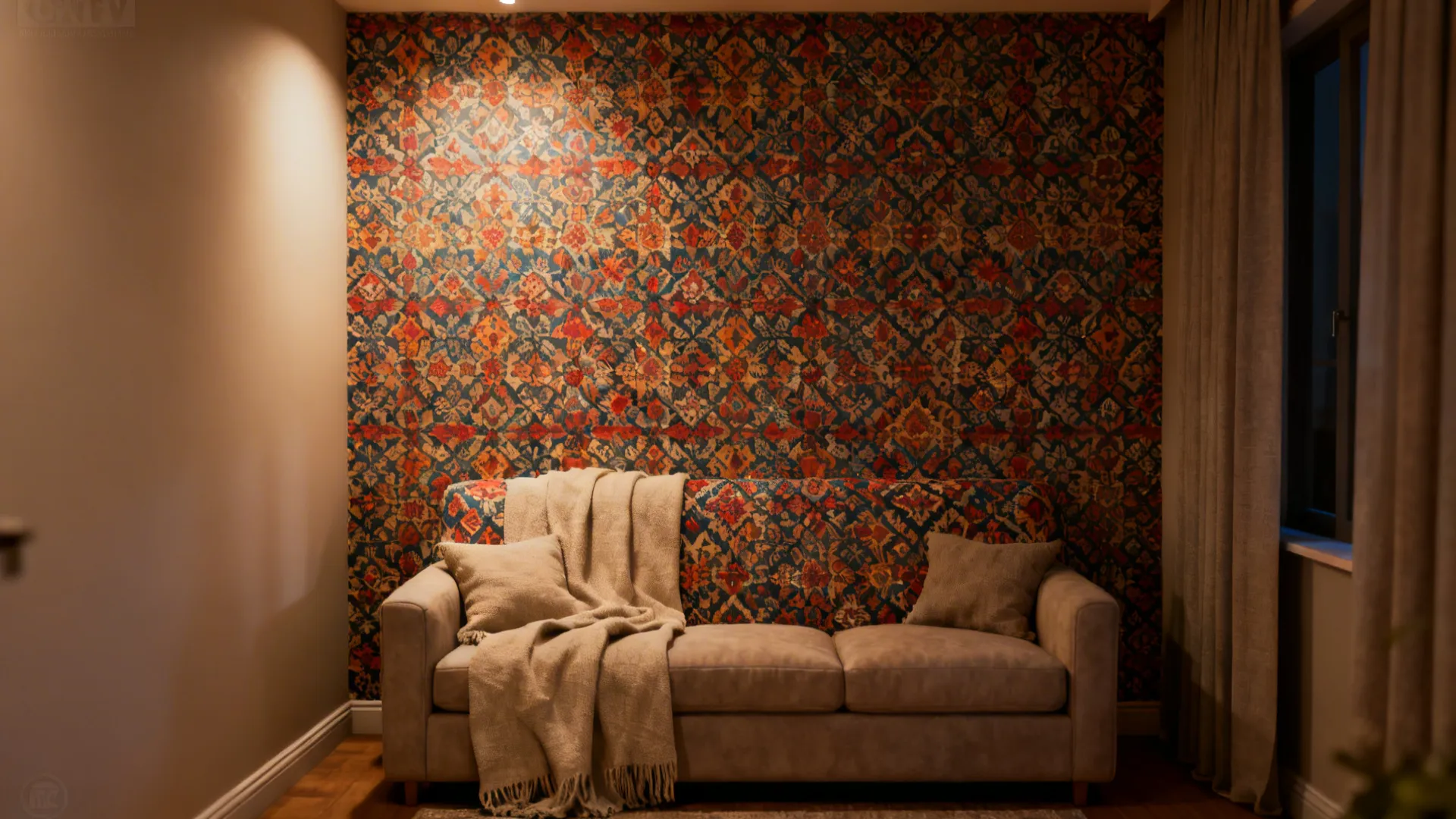 Living room with an accent wallpaper behind the sofa creating a cozy focal nook