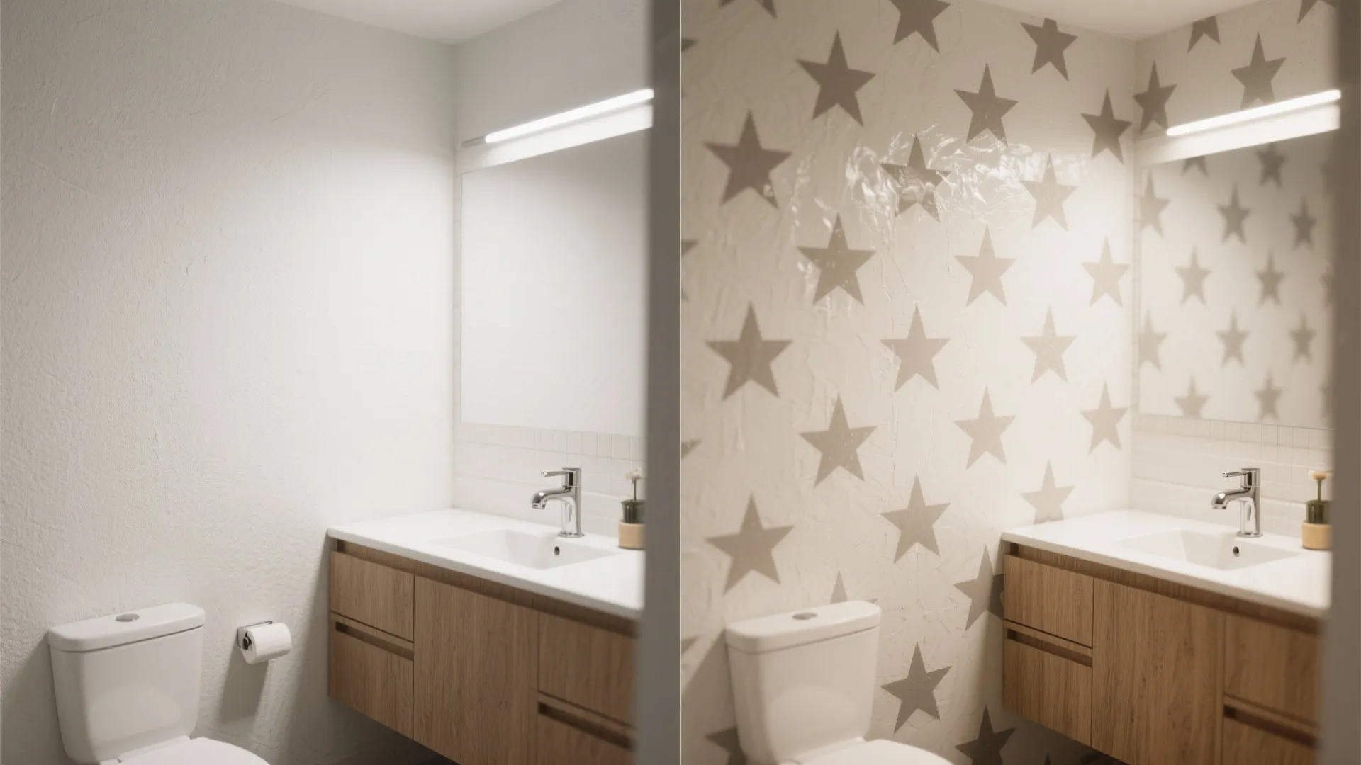 Before and after comparison of a plain white bathroom wall transformed with grey star pattern