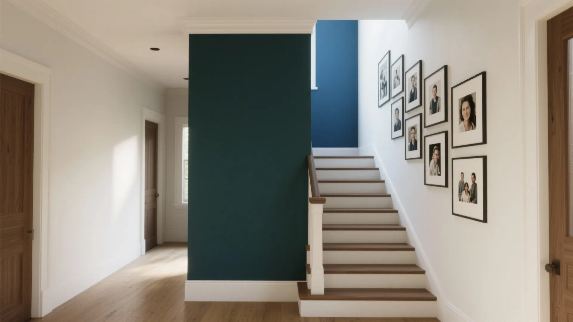 Interior hallway featuring a dark green accent wall next to white stairs with framed photos