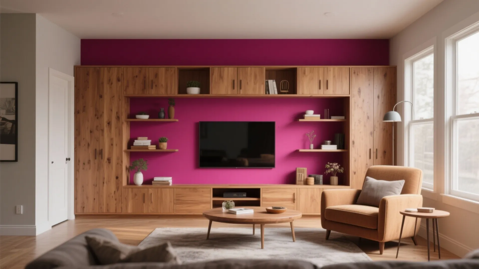 Bright pink accent wall with large wooden cabinet television and comfortable orange chair beside window