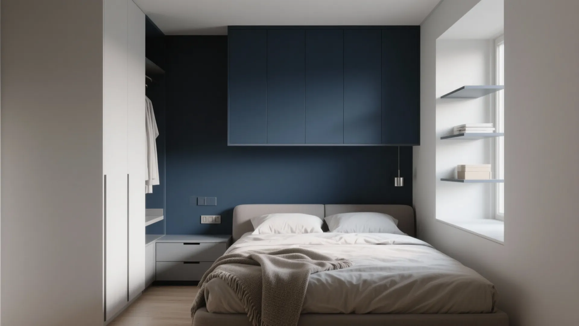 1. Minimalist Storage with a Bold Accent Wall