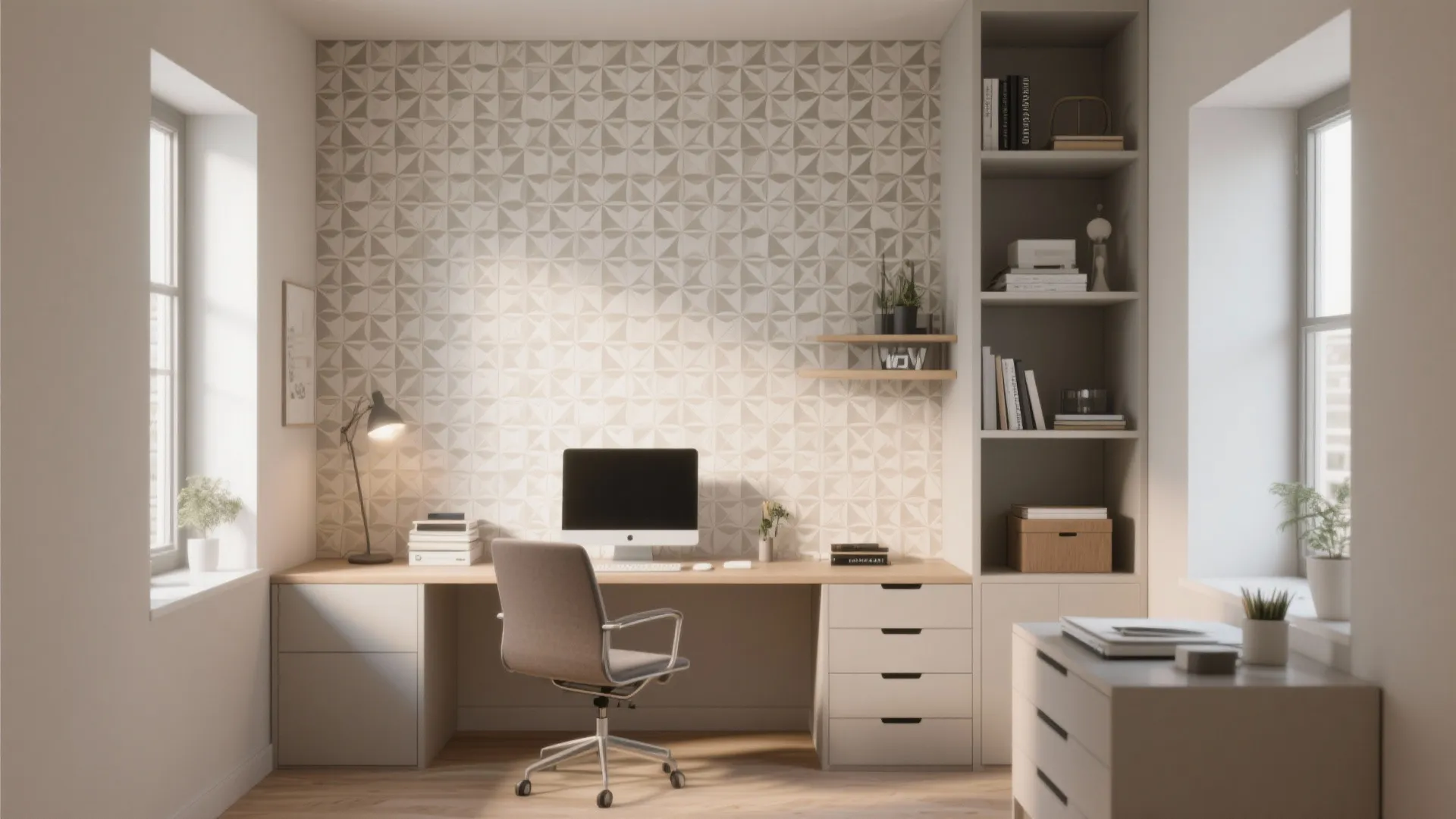 Modern home study featuring a patterned wall panel white desk computer chair and tall storage