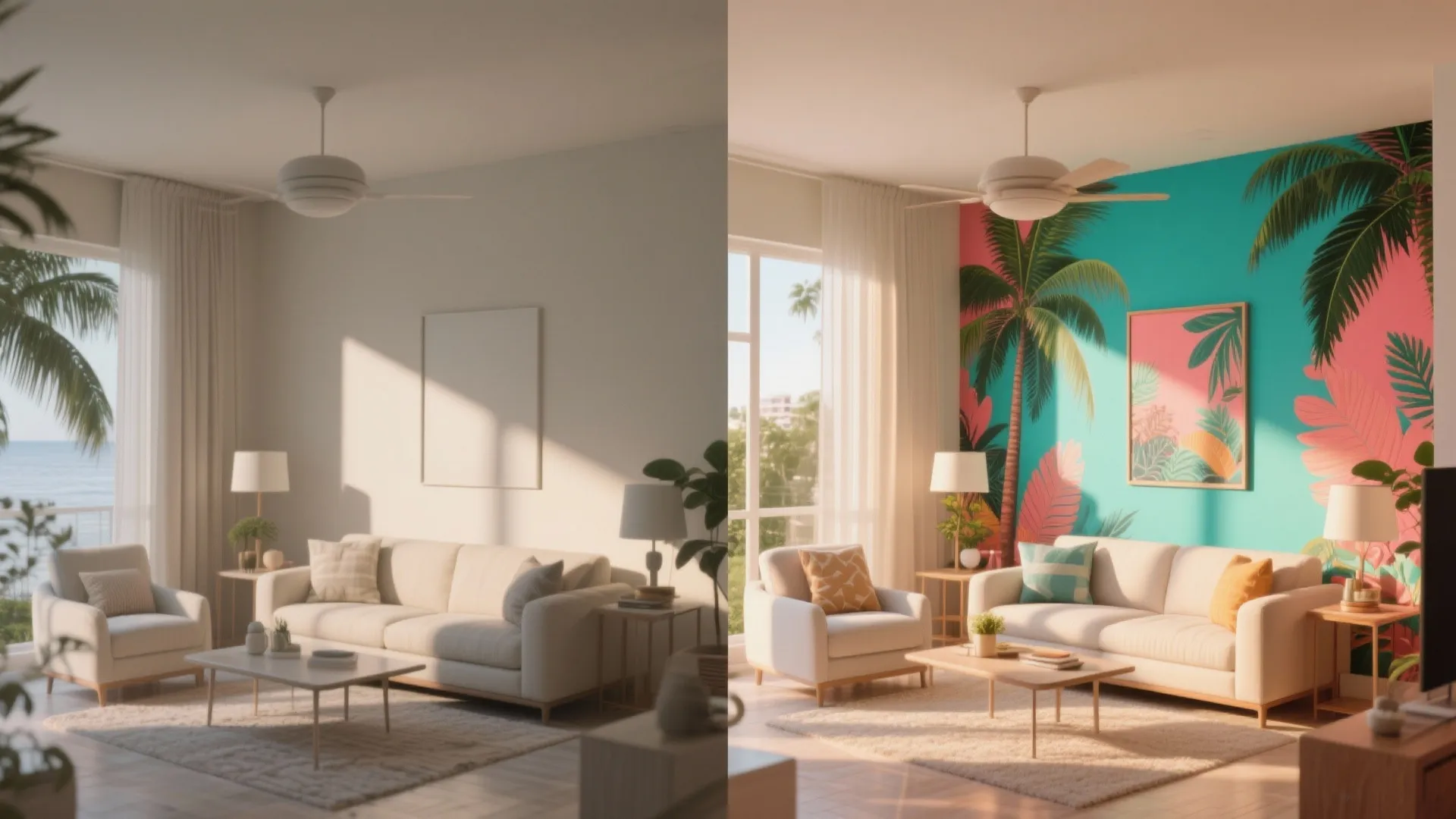 Before and after comparison of plain white wall versus colorful tropical palm tree wallpaper design