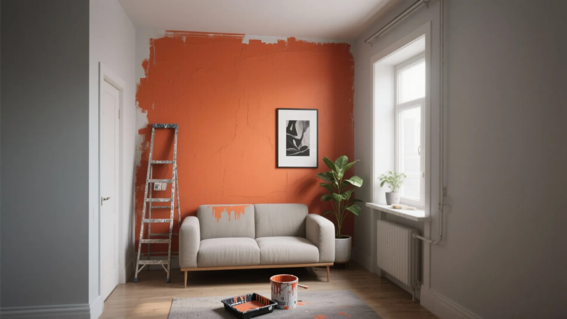 Interior room with orange paint on wall sofa ladder and painting tools on the floor