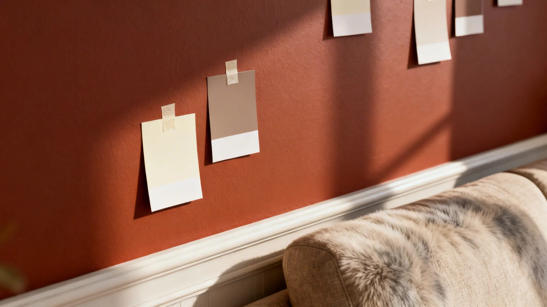 Terracotta wall with color samples above white wall panel and sofa with soft brown blanket