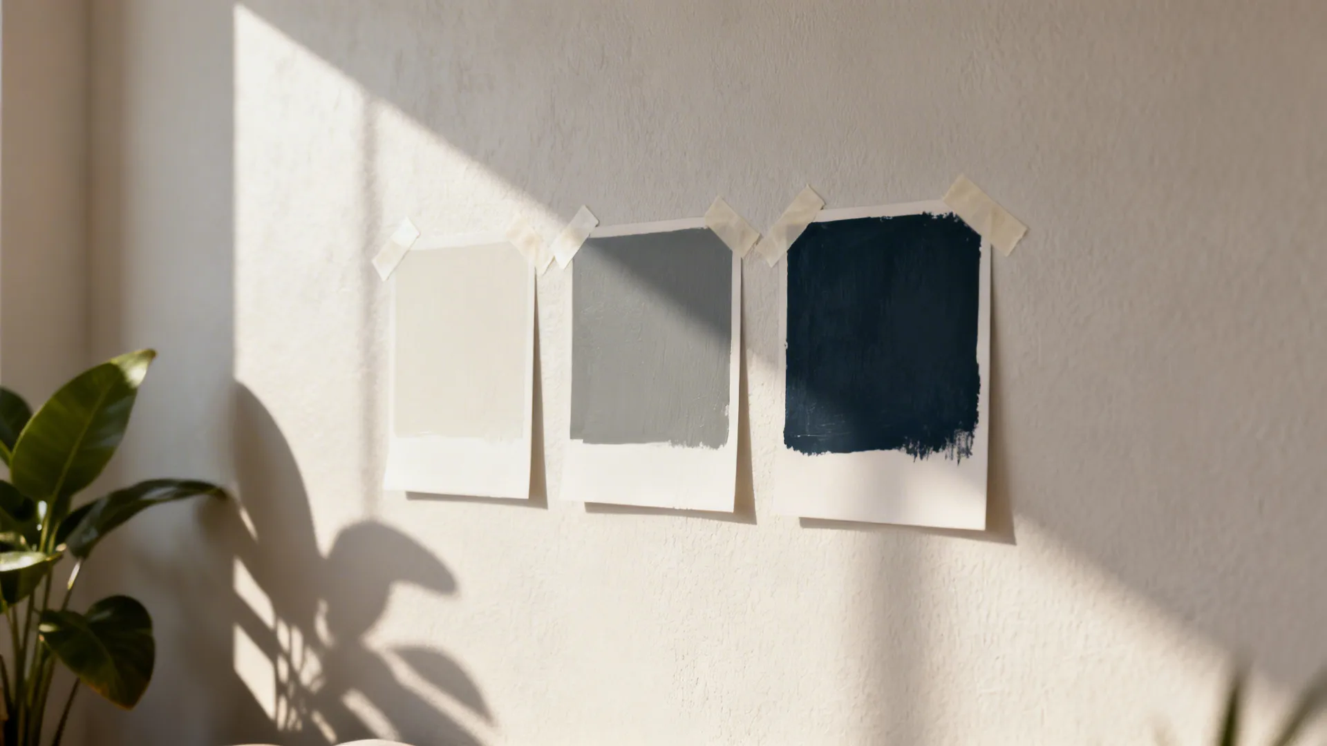 Paint swatches on a living room wall showing options for an accent wall.
