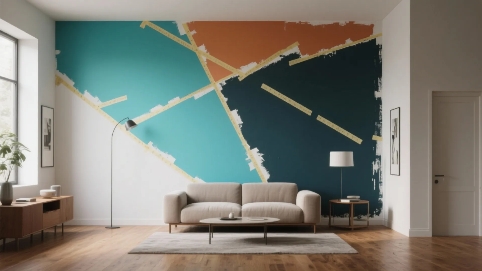 Modern living room with a geometric accent wall featuring blue, orange, and dark green paint