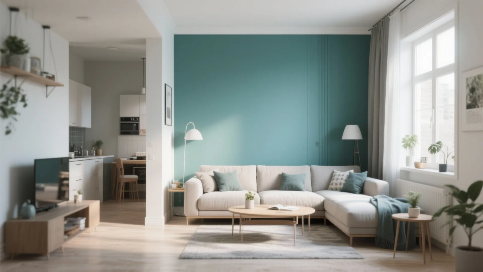Modern living room with teal accent wall white sofa wooden coffee table and natural light windows
