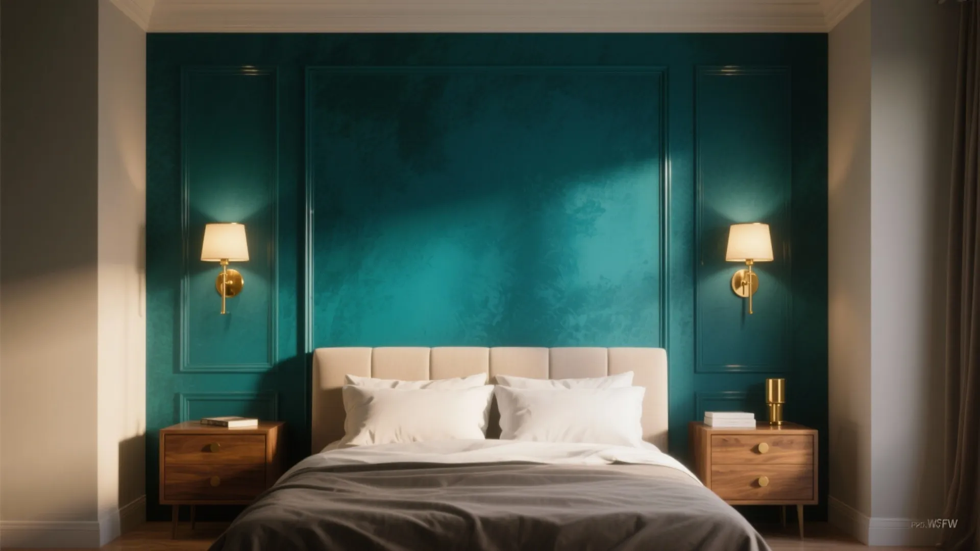 Bedroom featuring teal wall panels wooden bedside tables two wall lights and a comfortable large bed