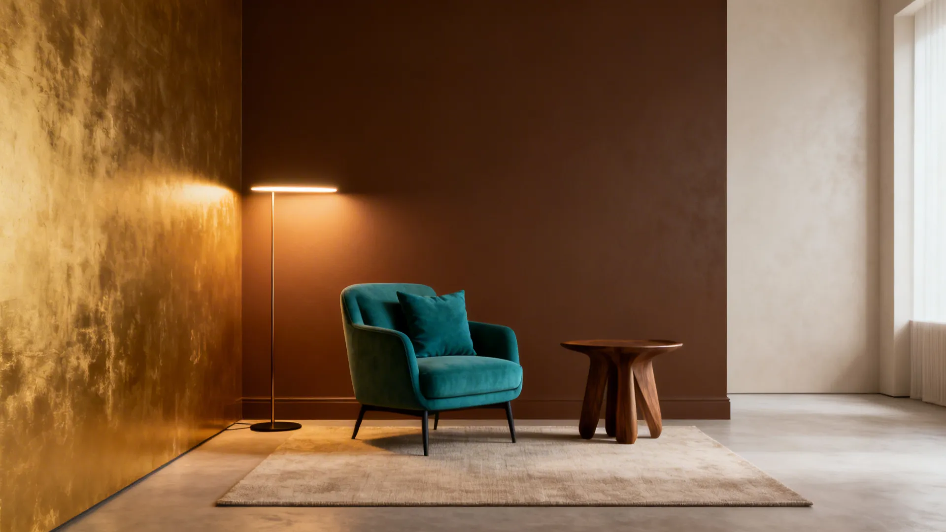 Teal armchair with a small wood table and floor light against a dark brown wall