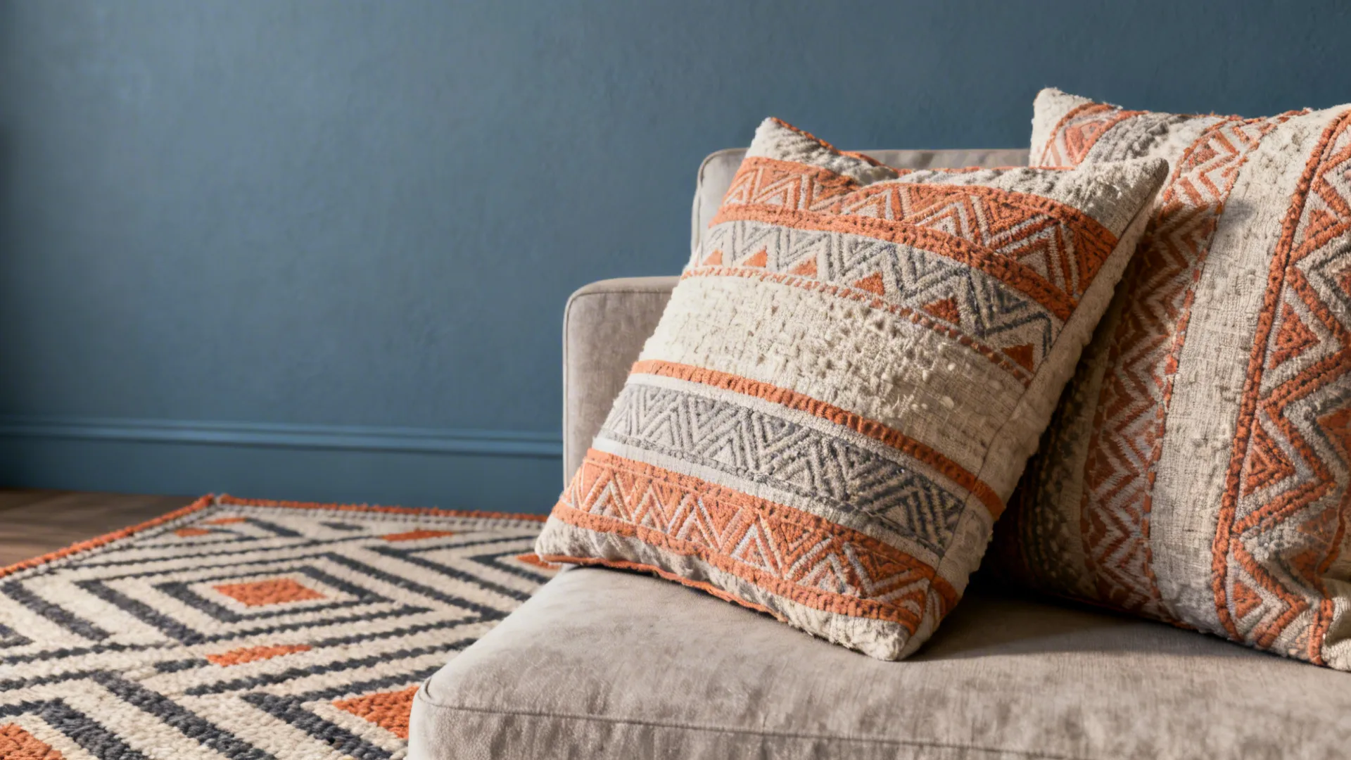 Patterned pillows with orange and grey designs on a sofa, with a matching patterned rug