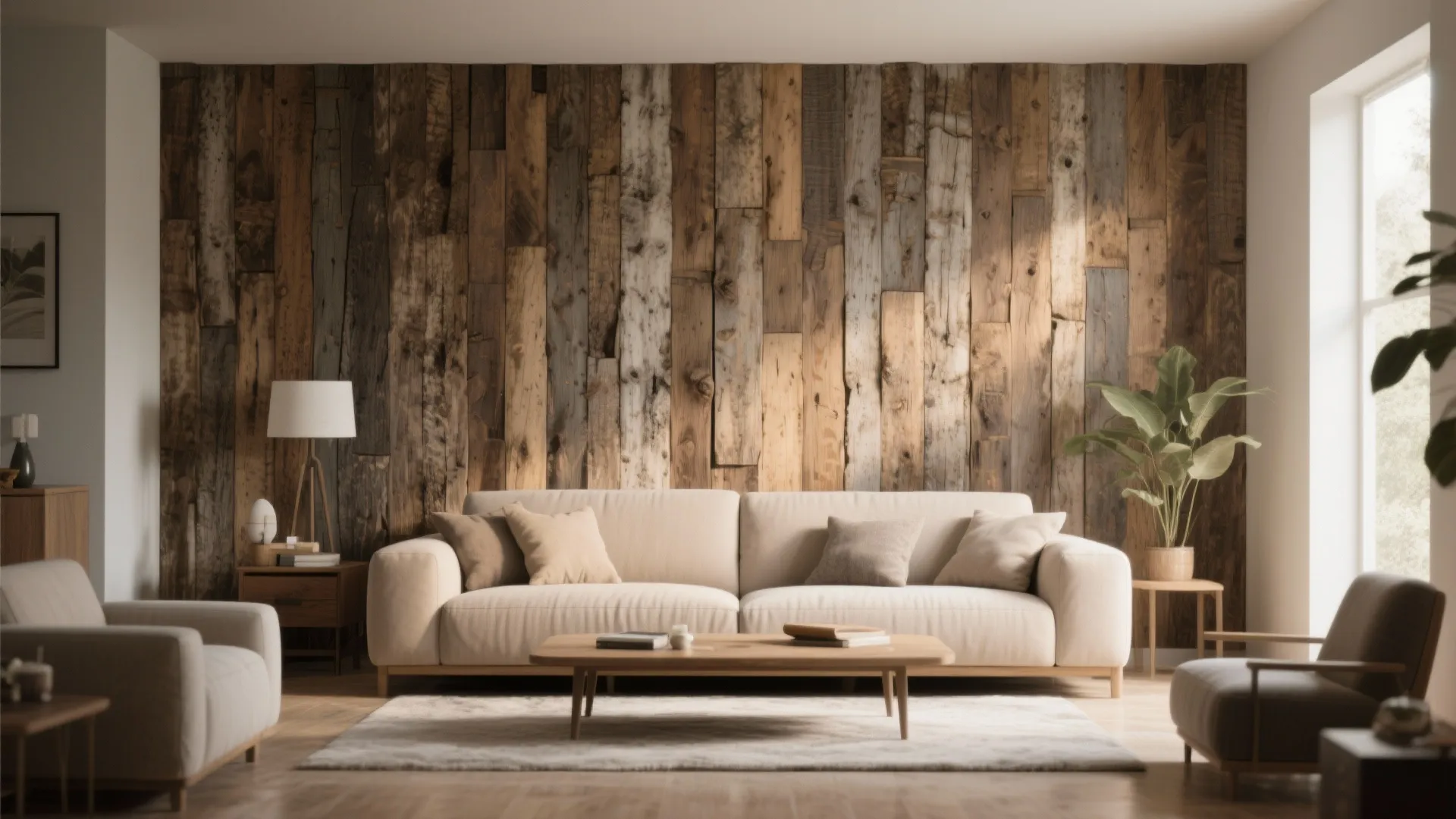 Living room with a textured wood wall panel behind a beige sofa and wooden coffee table