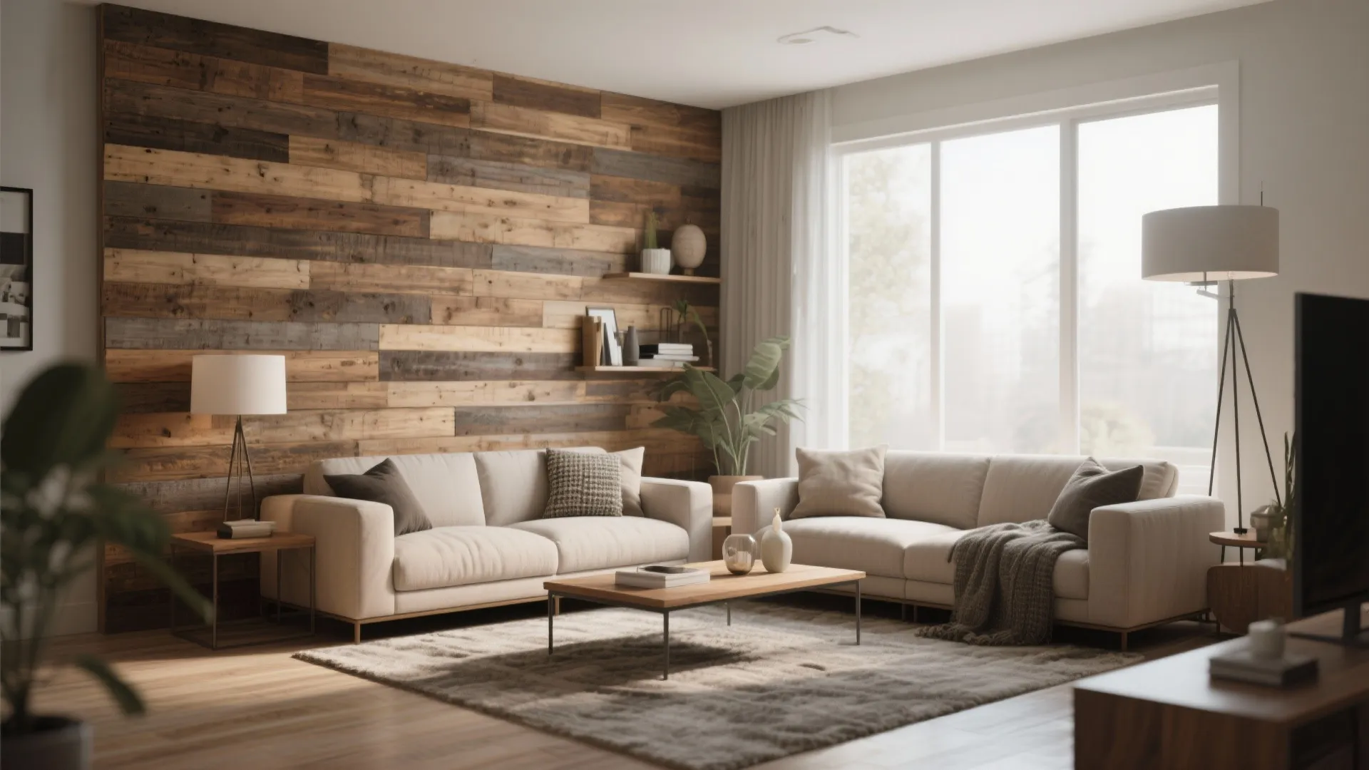 Modern living room featuring wood panel wall, beige sofas, wooden coffee table, and large windows