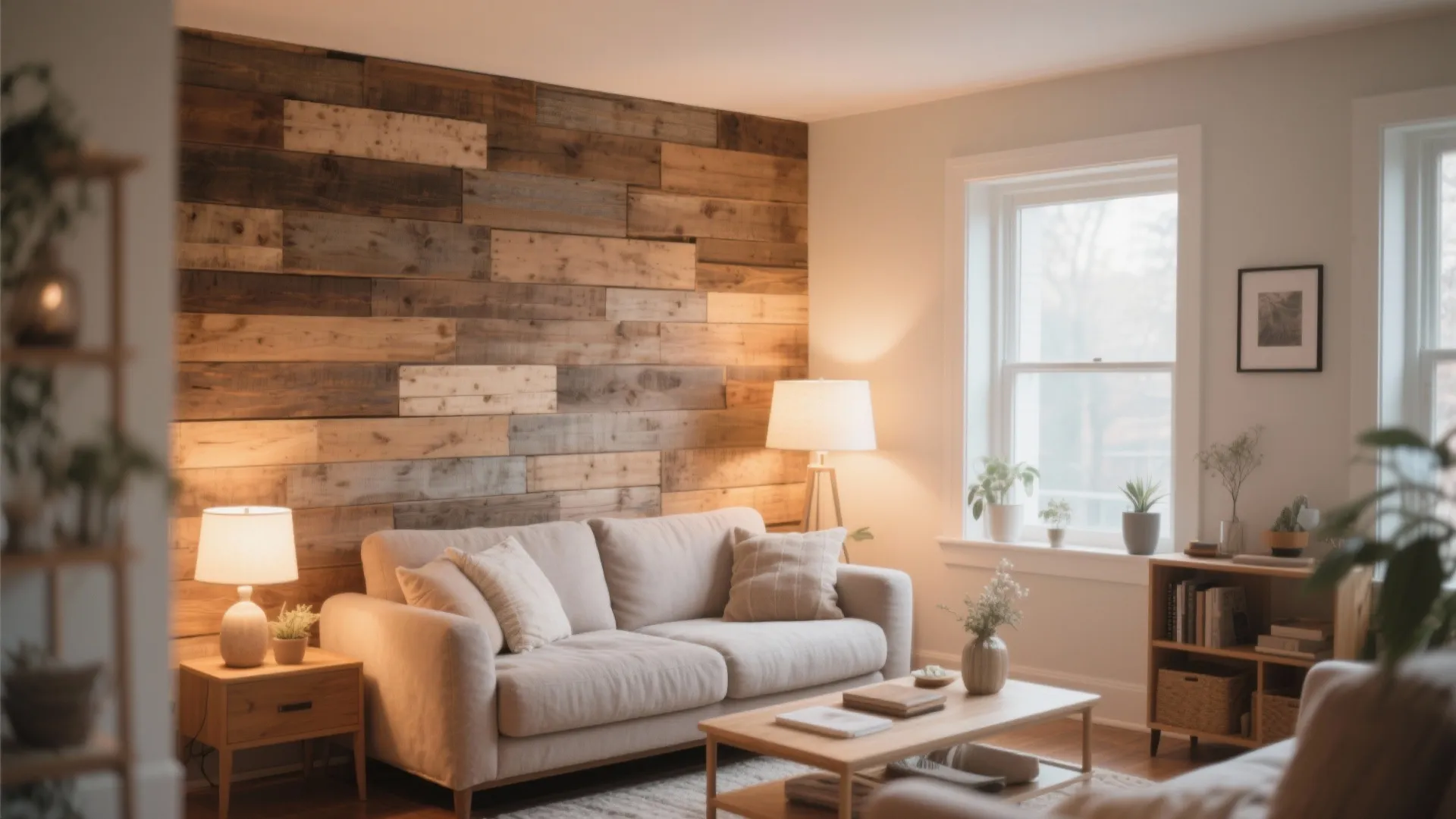 Cozy living room featuring rustic wood wall panel beige sofa warm floor lamps and wooden furniture