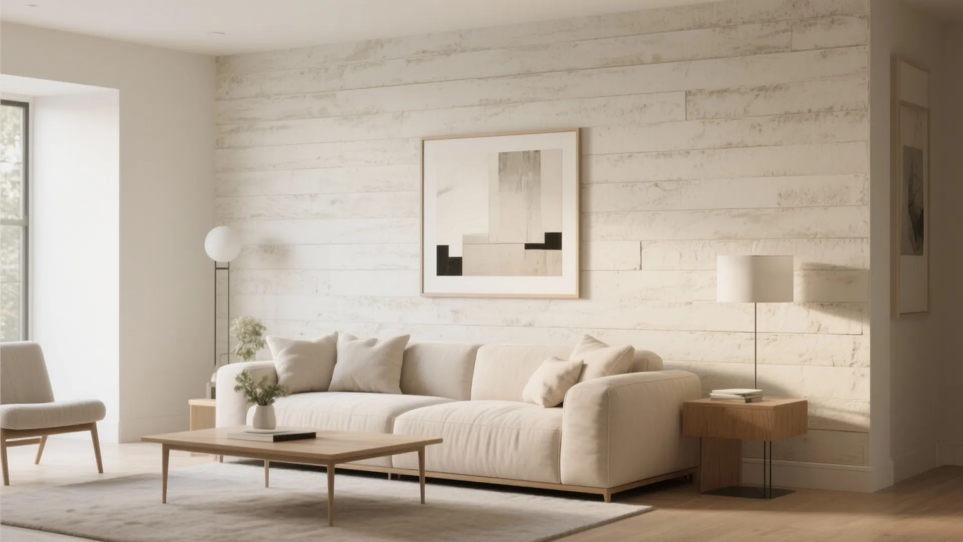 Modern living room featuring a white wood wall panel behind a cream sofa and coffee table