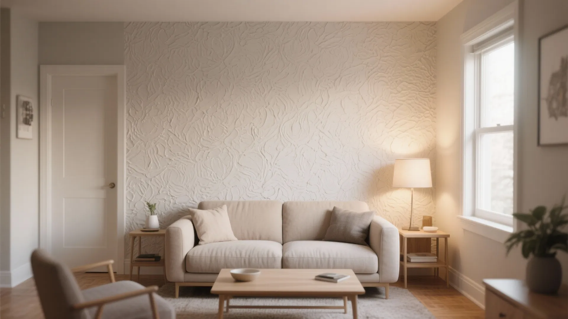Living room with a beige sofa in front of a white textured wall panel and design