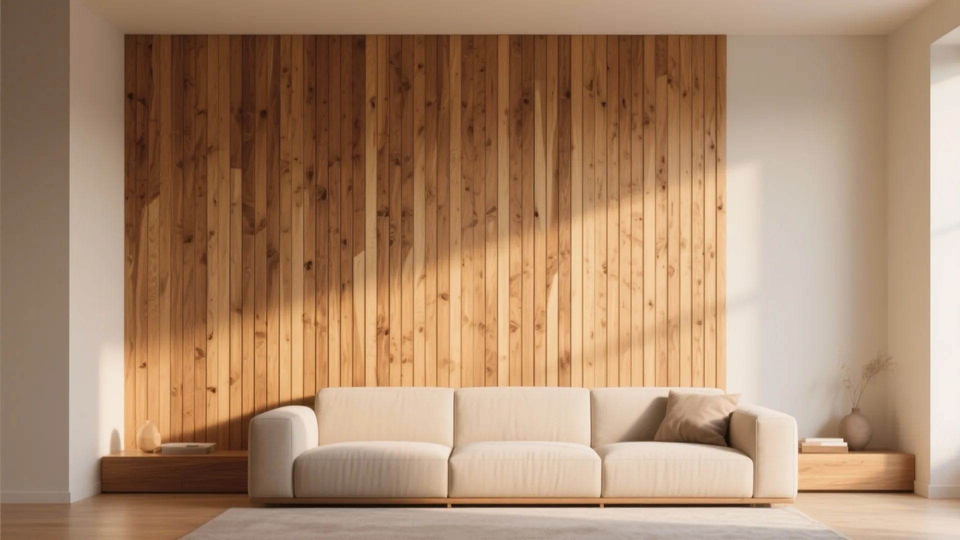 Minimalist living room featuring a vertical wood wall panel behind a large comfortable white sofa
