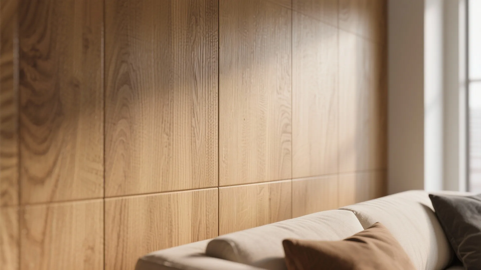 Close up of a natural wood wall panel behind a modern sofa in a living room