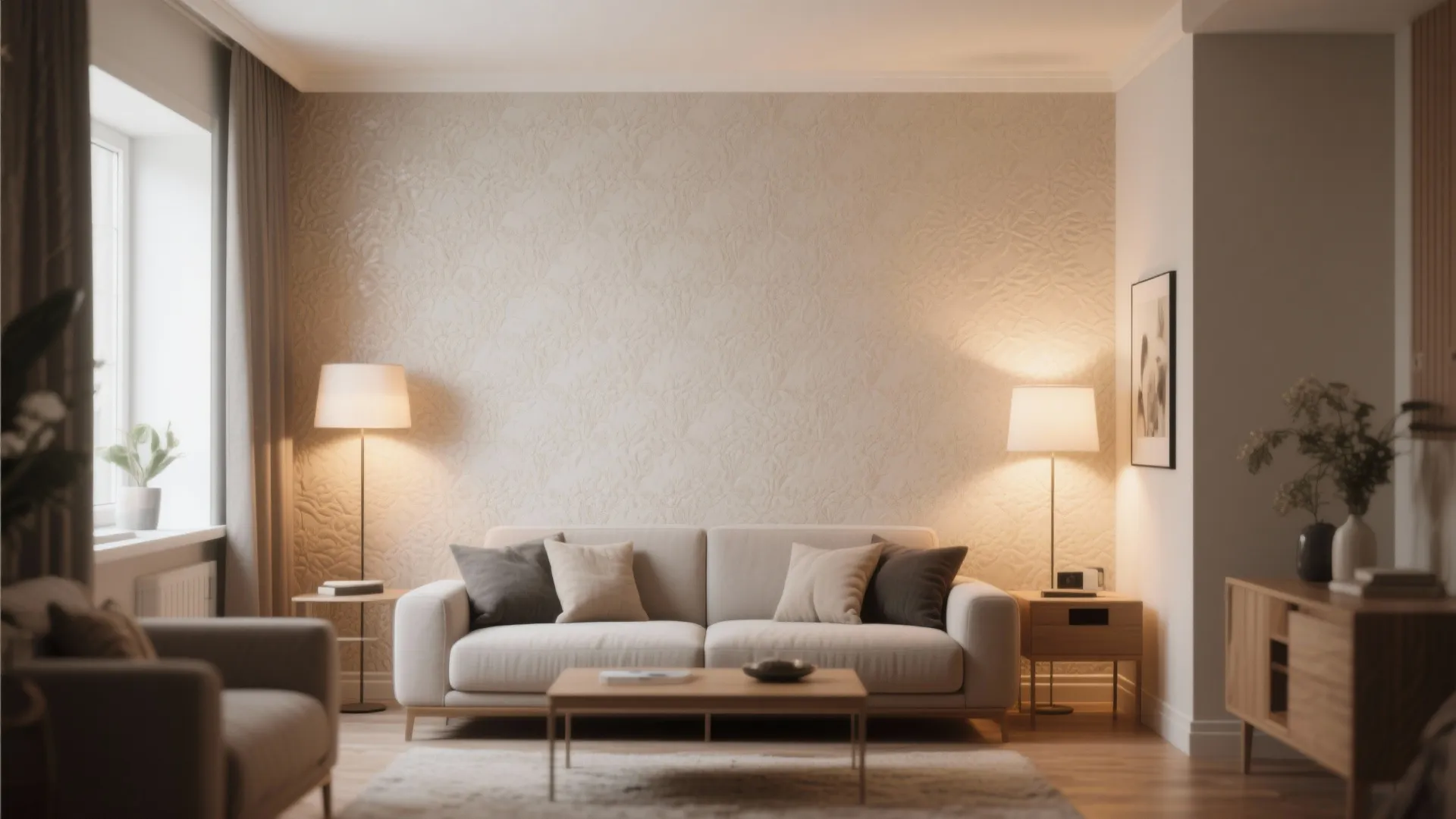 Cozy living room with textured wall panel behind a white sofa and two floor lamps