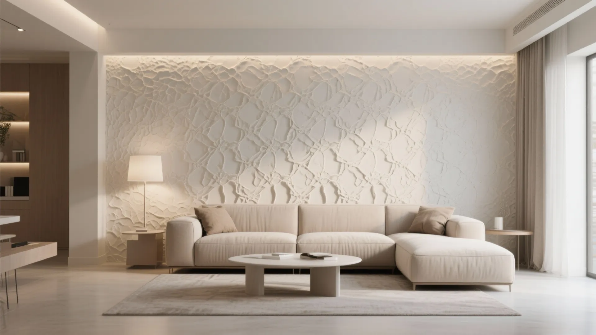 Modern living room featuring a textured white wall panel behind a cream sofa and table