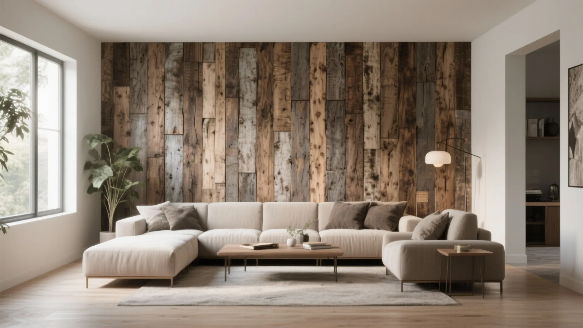 Living room featuring rustic wood wall panel beige sofa wooden coffee table rug and lamp