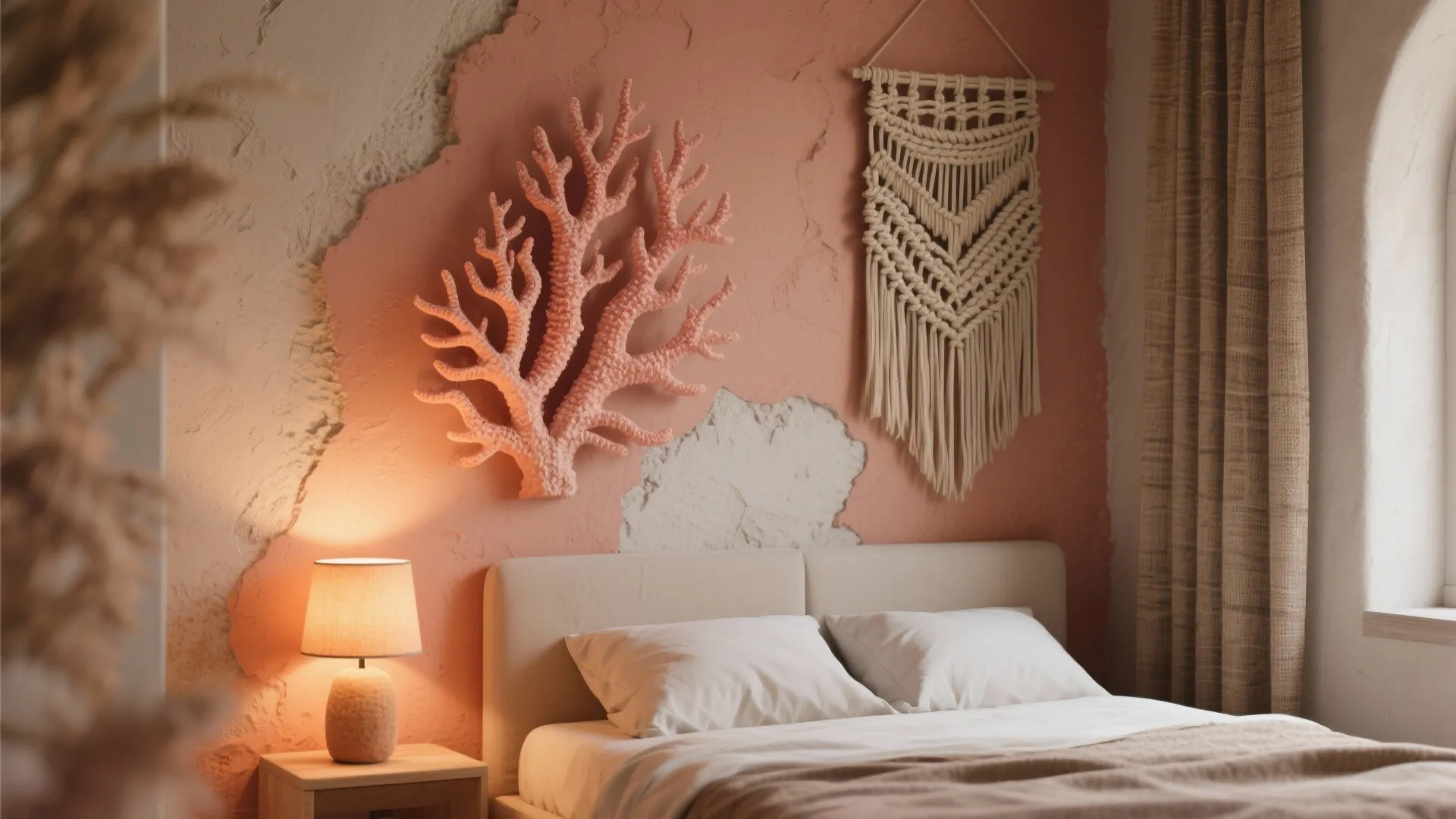 Coral accent wall with woven wall hanging and layered textures in a small bedroom.