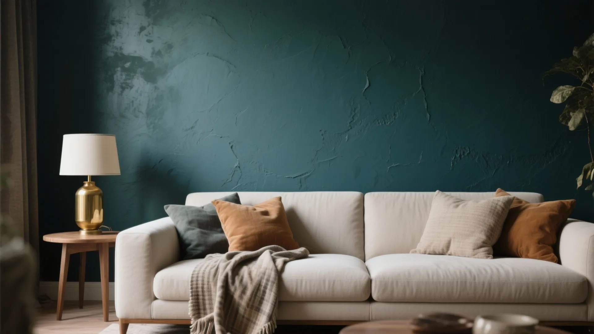 Modern living room featuring a dark green textured wall with white sofa and gold lamp