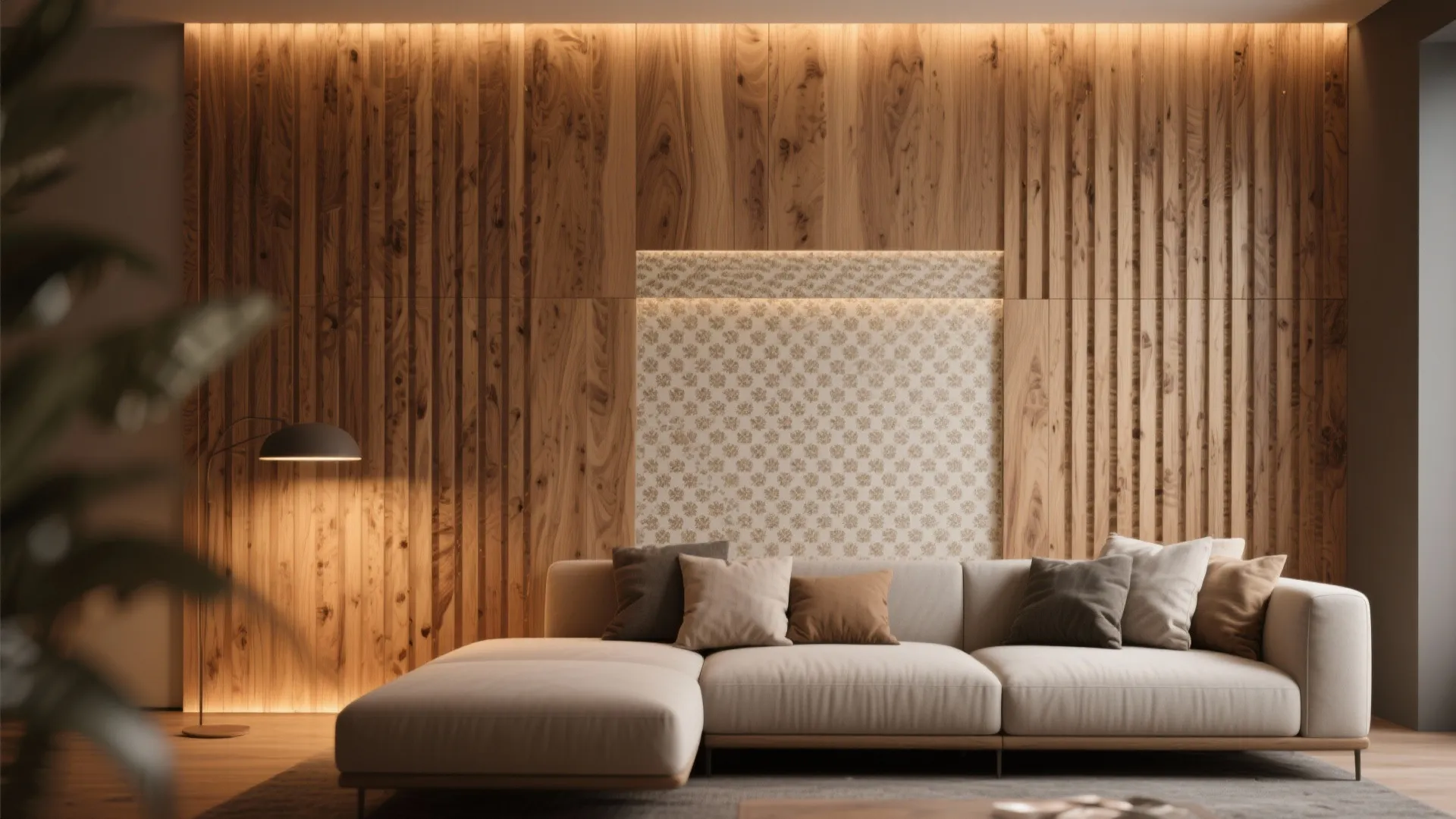 Living room with wooden wall panel cream sofa soft pillows floor lamp and warm hidden lighting
