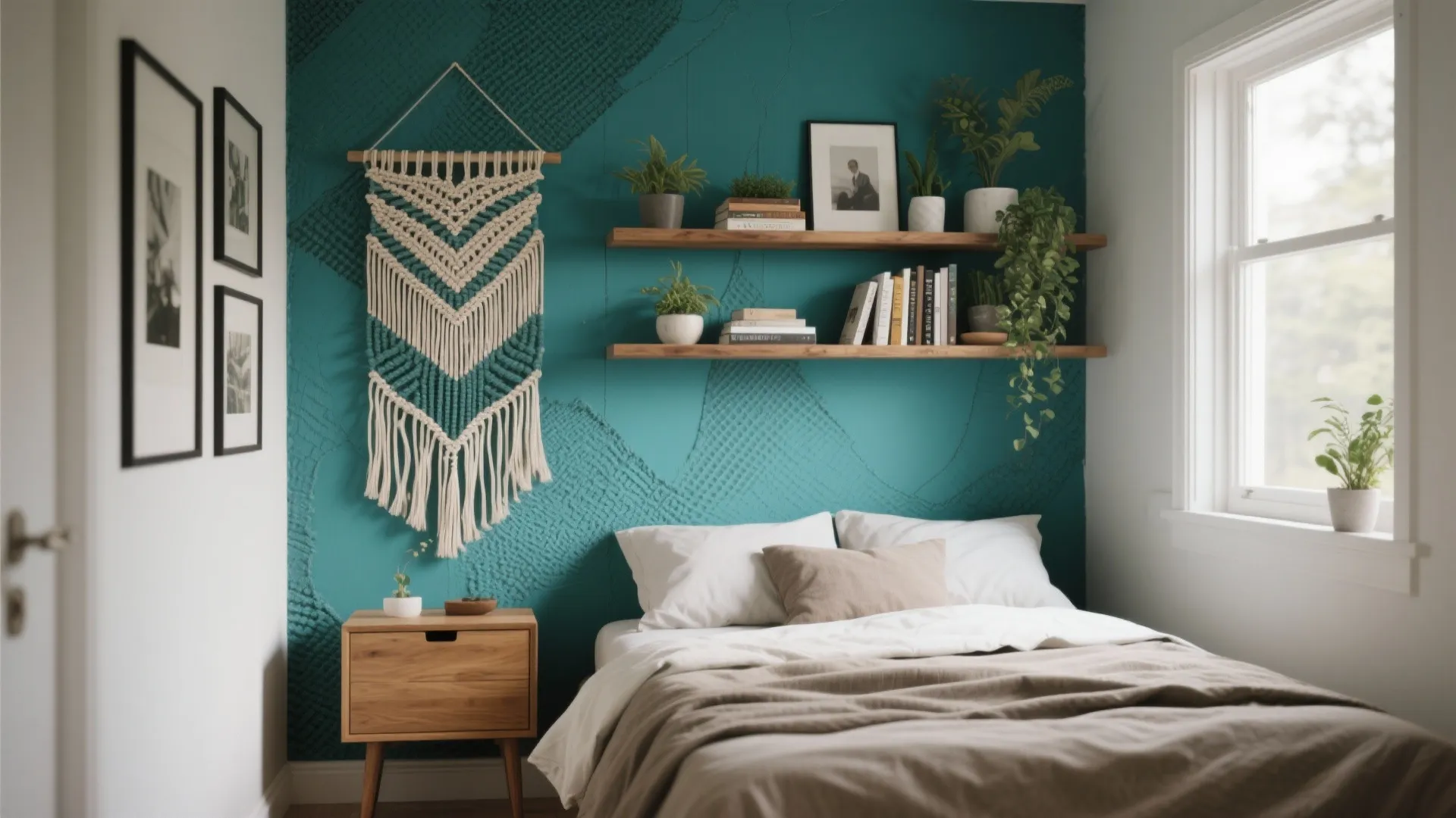 Compact bedroom with a teal accent wall, woven hanging, floating shelves and neutral bedding