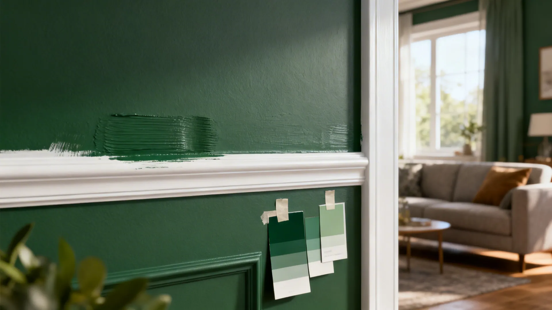 Deep green accent wall with freshly painted white trim and visible paint texture
