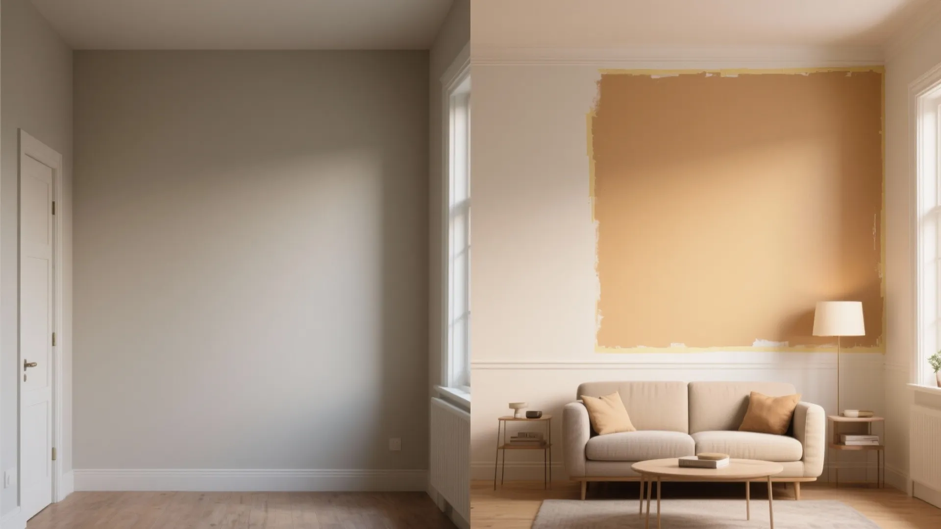 Before and after comparison of an empty room versus a furnished living room with sofa