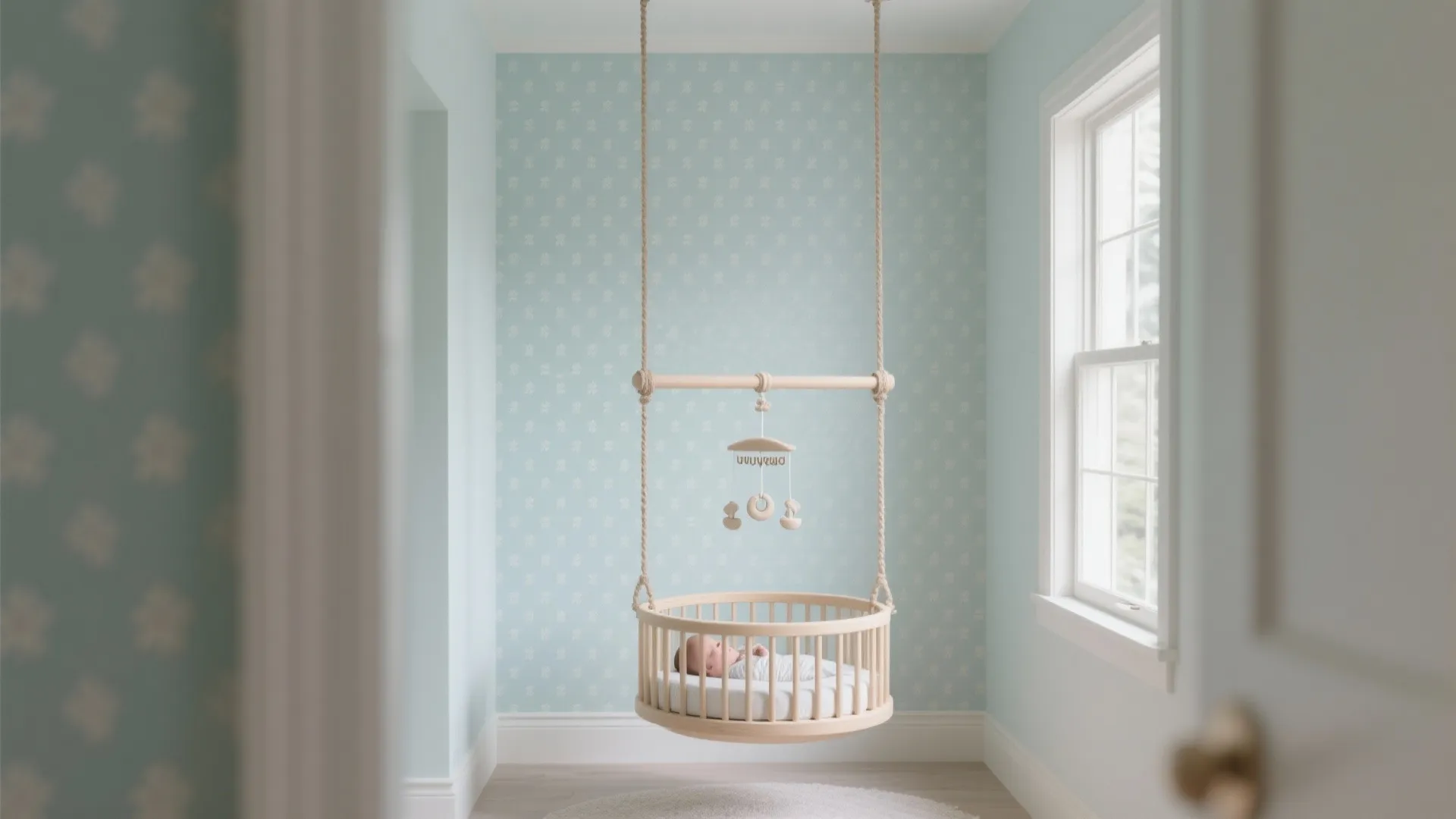Baby sleeping in a hanging wooden cradle in a light blue nursery with floral wallpaper