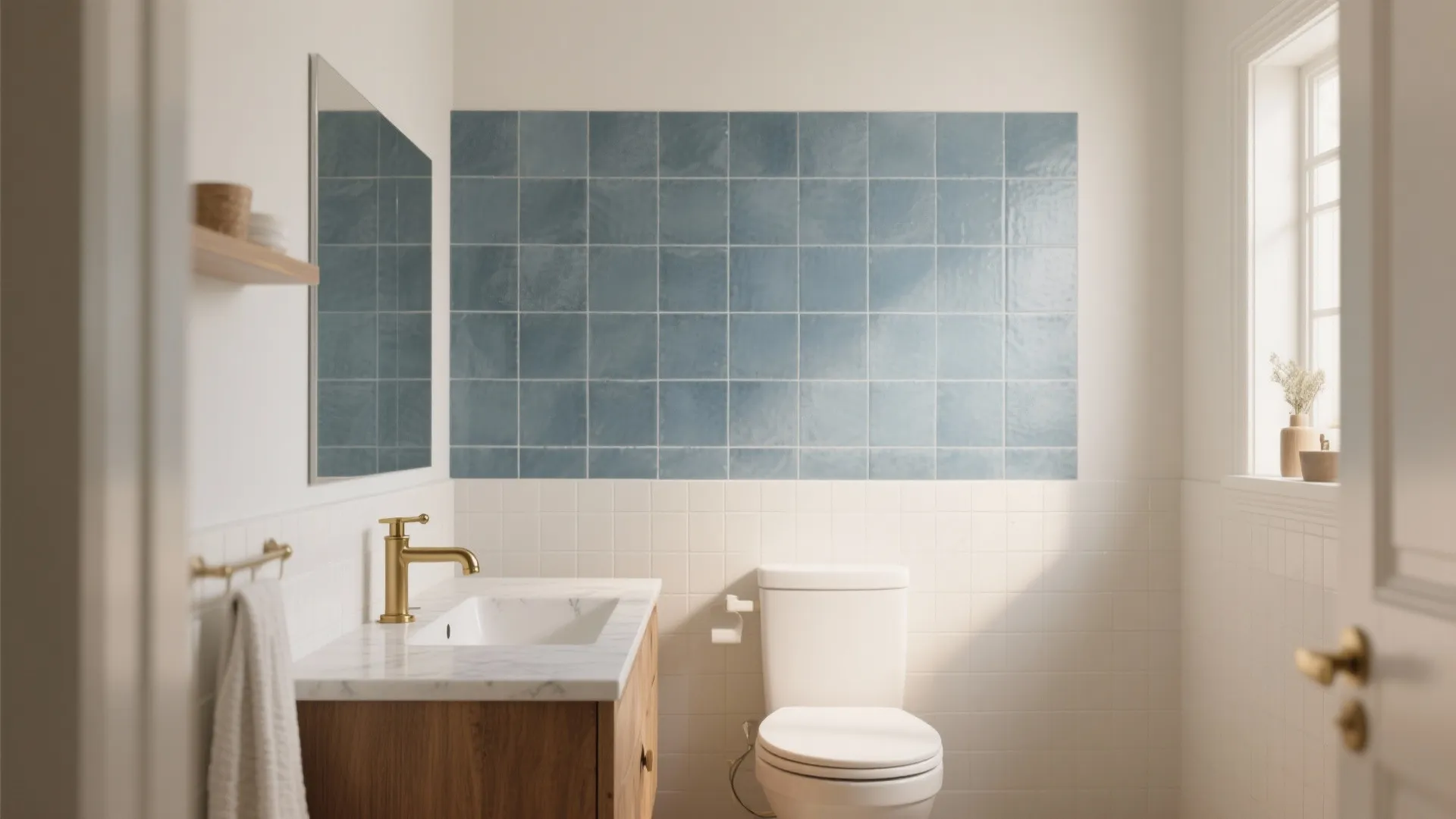 Small bathroom featuring blue wall panel white toilet marble sink gold faucet and bright window