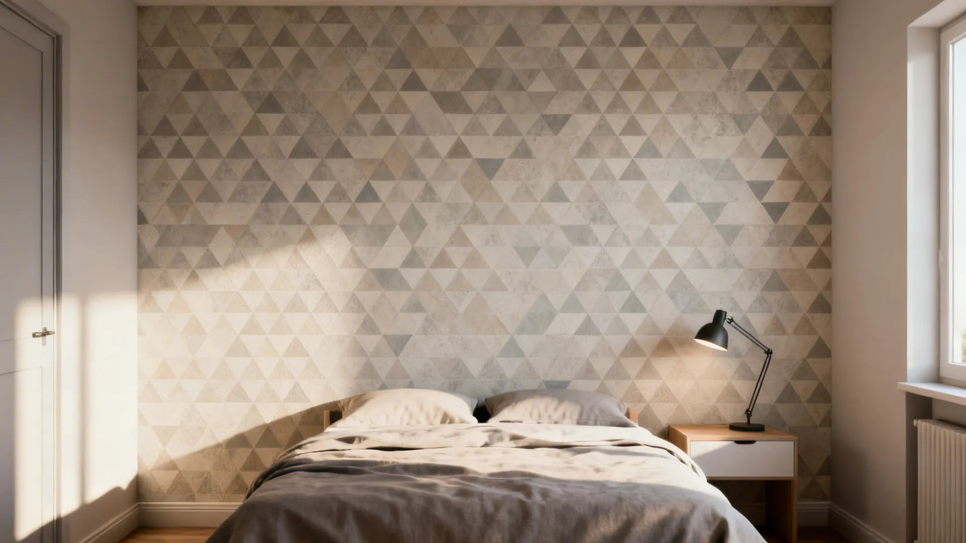 Dorm accent wall with removable geometric peel-and-stick wallpaper behind a bed