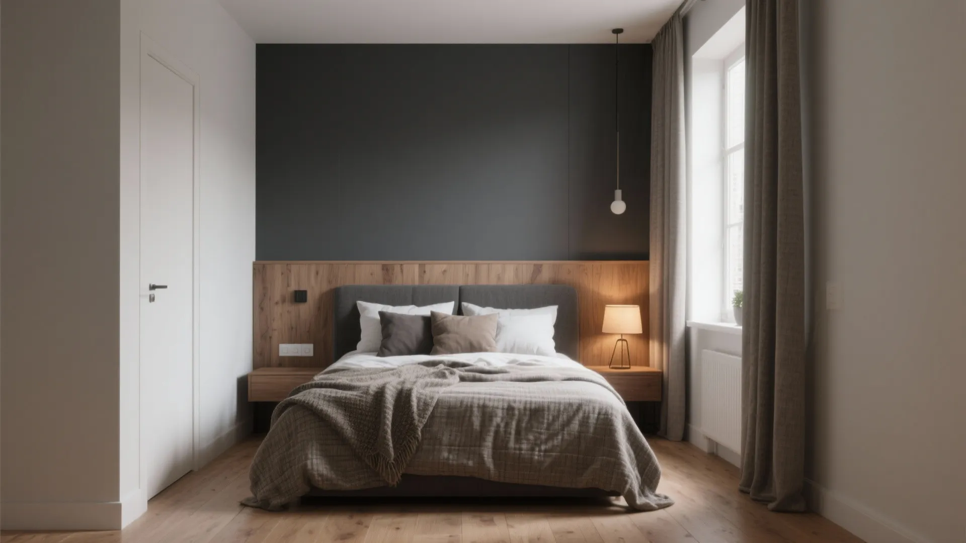Bedroom with a single dark gray accent wall, wood headboard and linen curtains creating warm texture contrast.