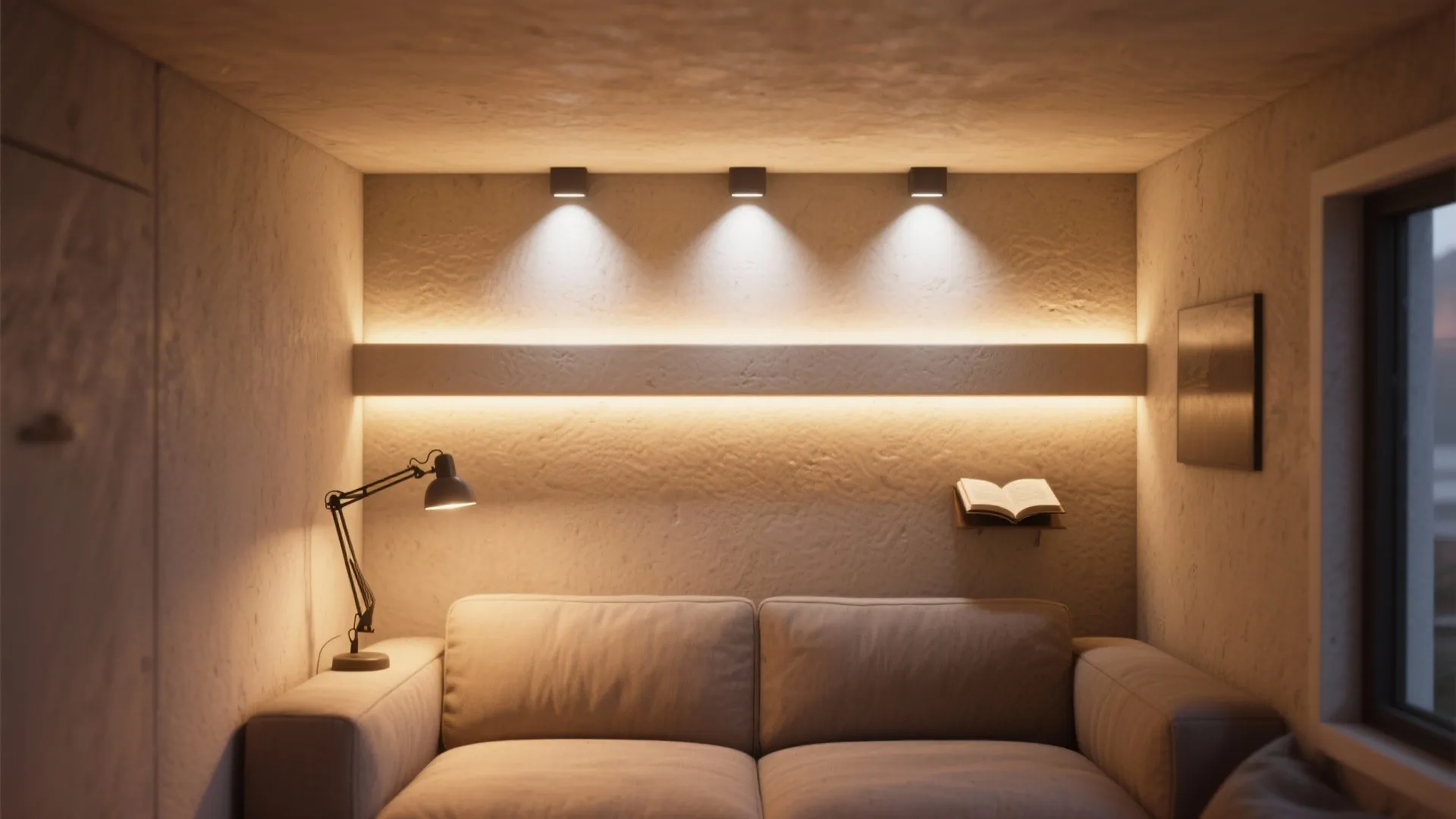 Upward-facing accent washers behind a sofa creating visual height in a small living area.