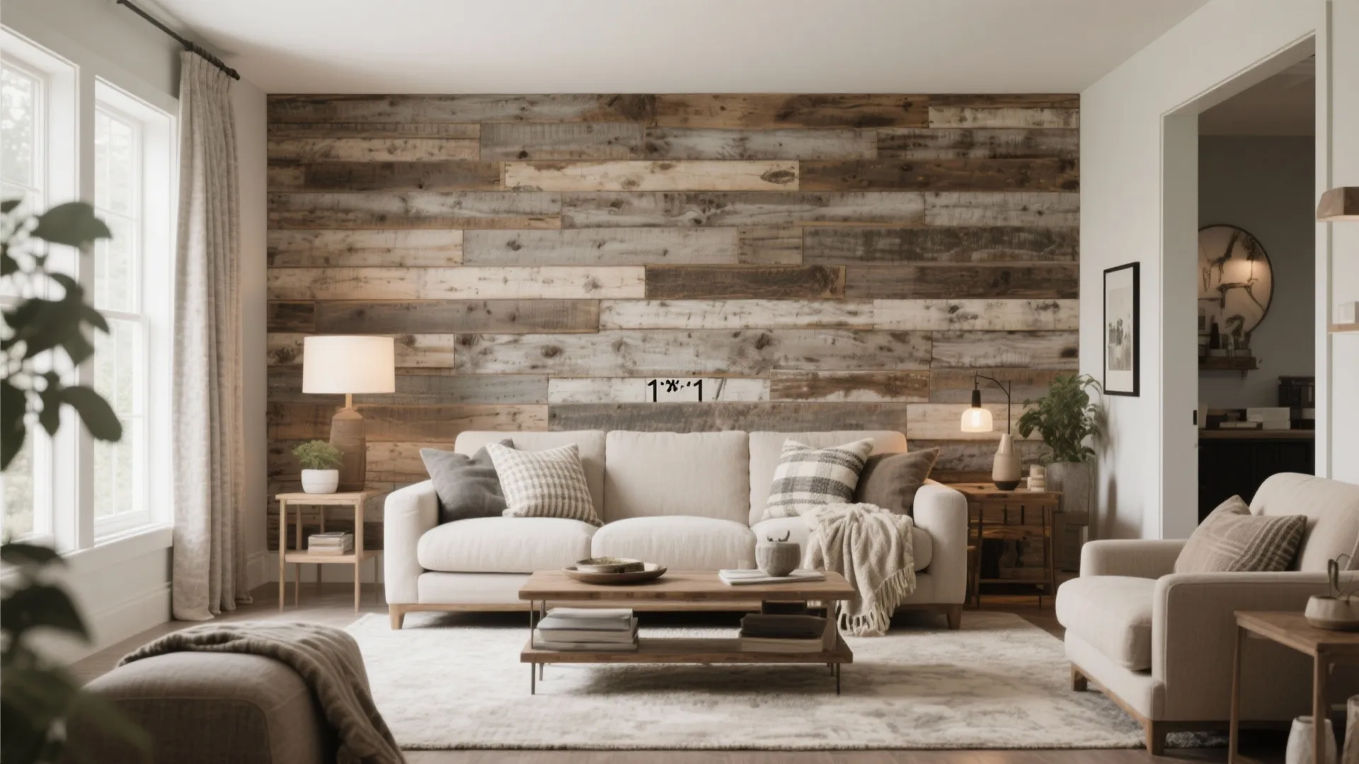 Reclaimed wood accent wall behind sofa in cozy living room