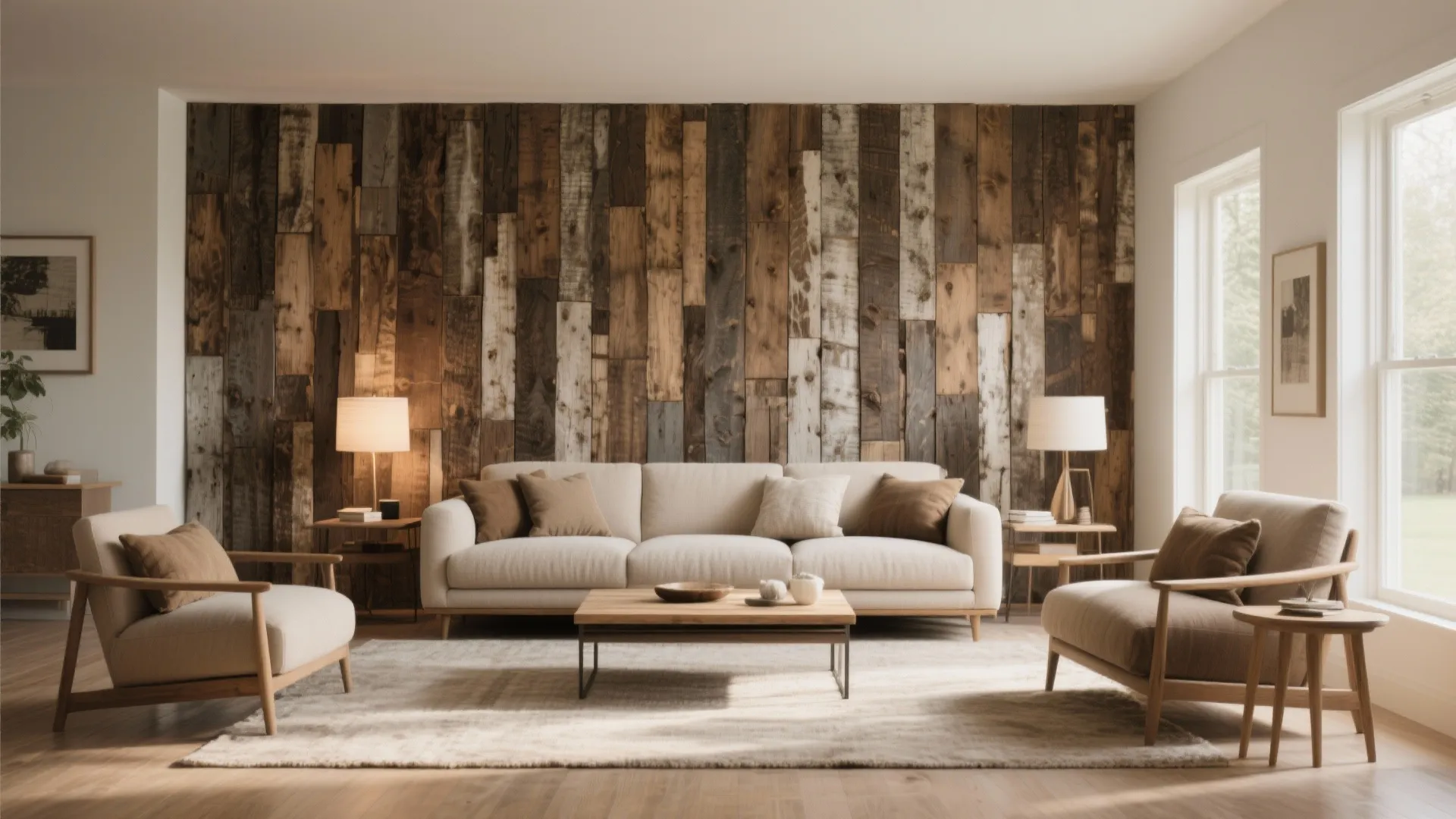 Modern living room featuring a reclaimed wood wall with white sofa and matching armchairs setup