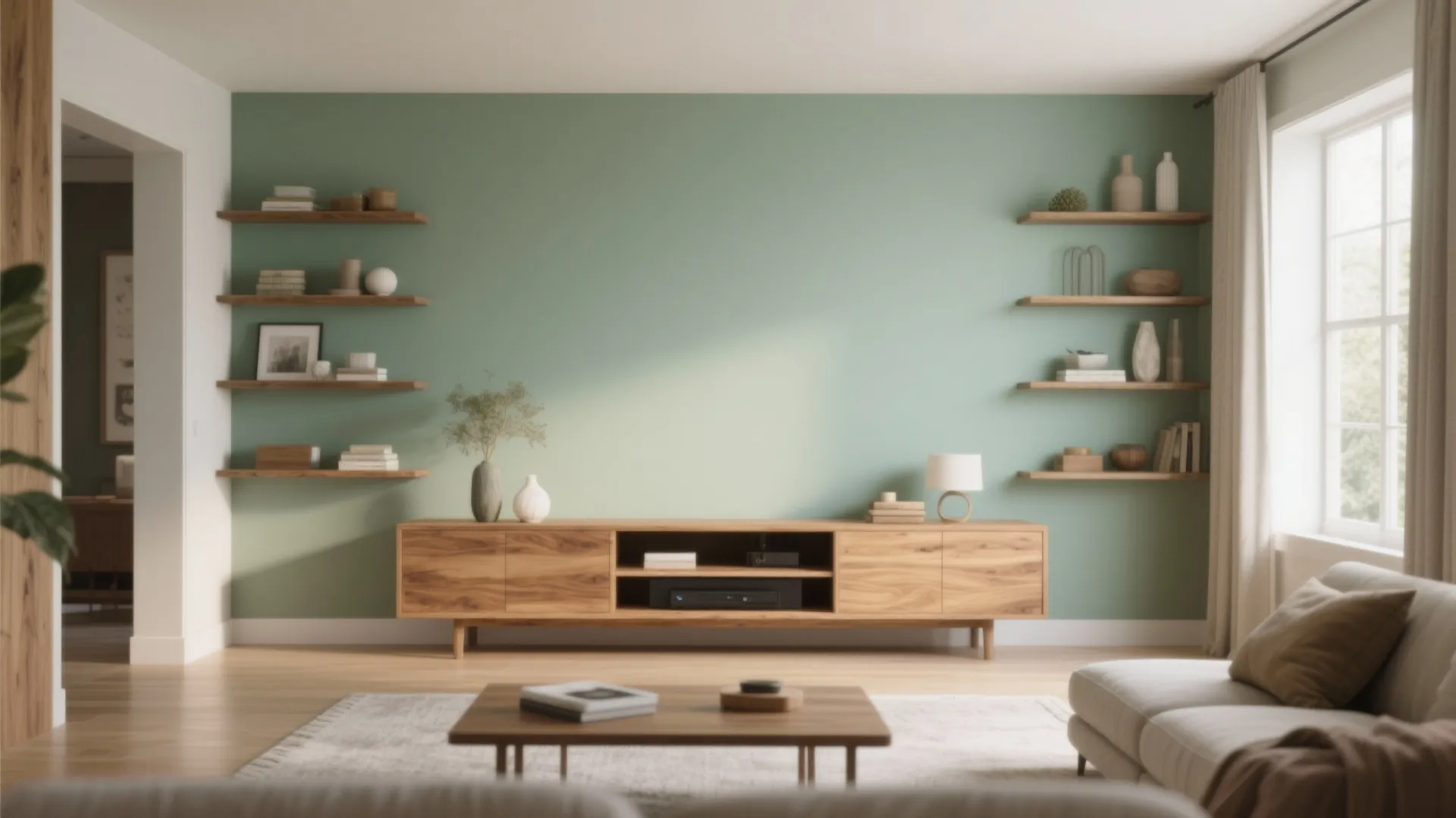 2. Sage Accent Wall with Warm Wood Finishes