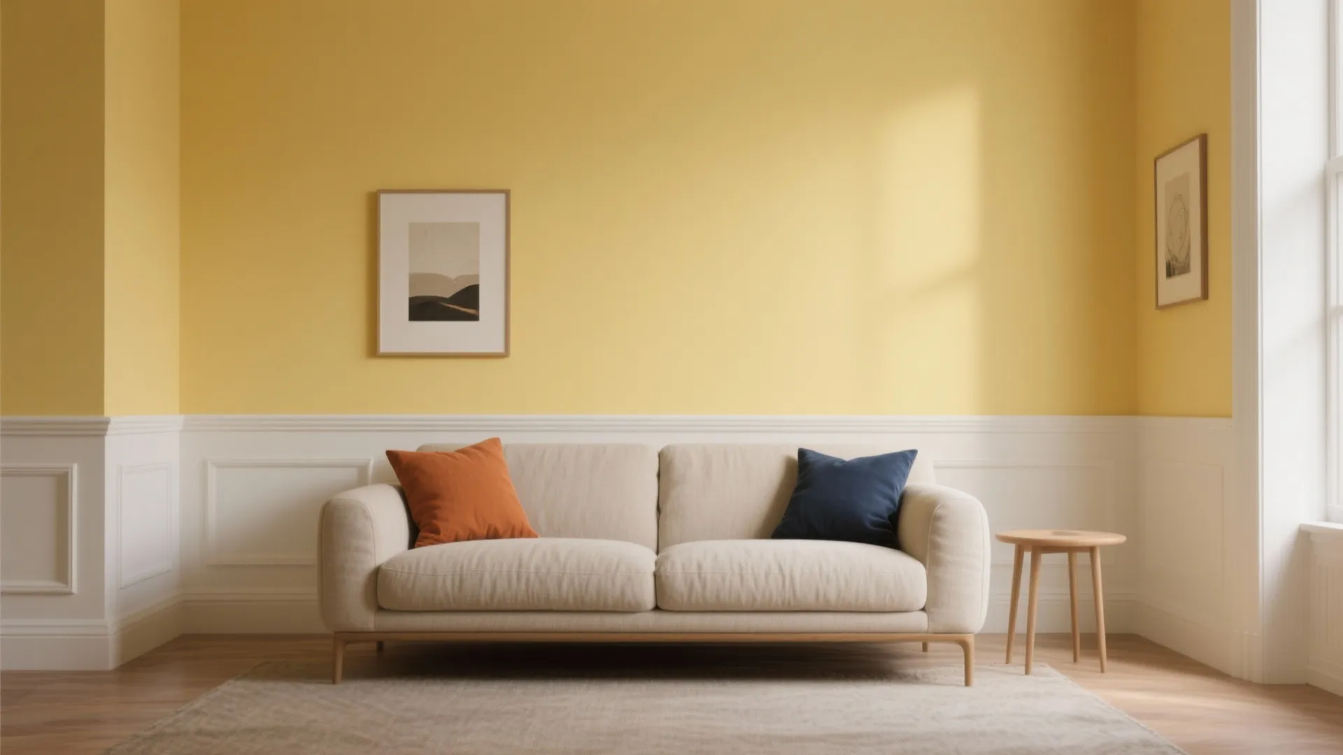 Modern living room featuring yellow accent wall white wall panel beige sofa and wooden side table