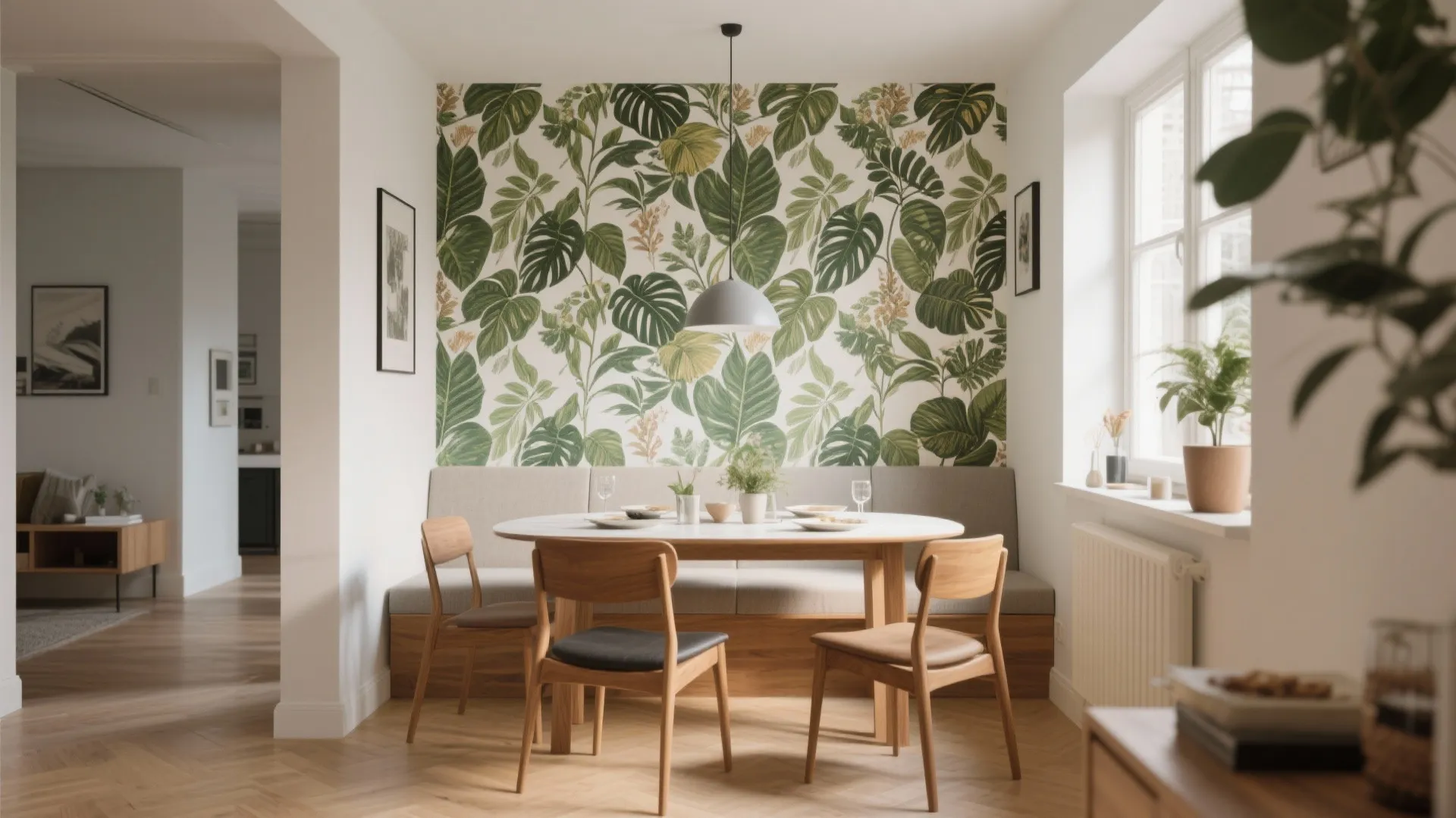 Bright dining nook with green leaf wallpaper round table wooden chairs bench and ceiling light