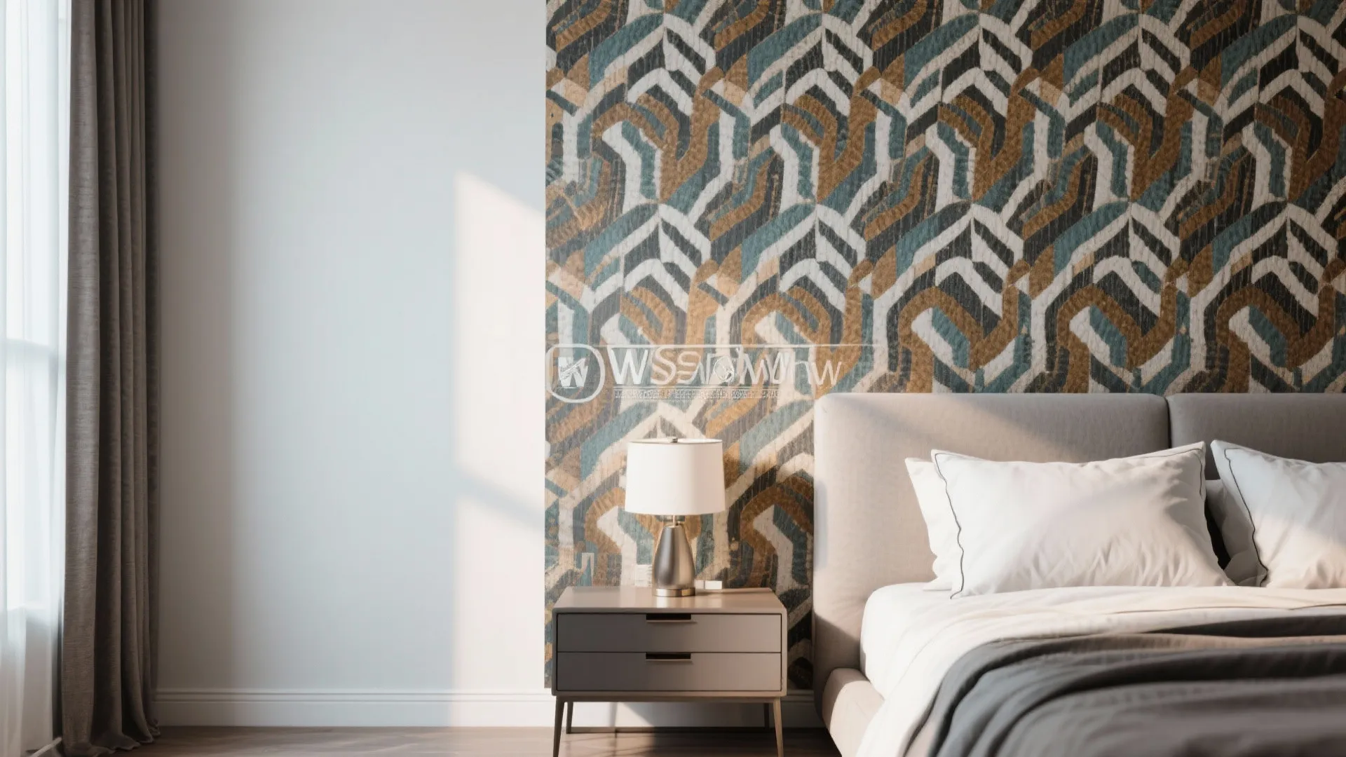 Bedroom featuring geometric pattern wall panel behind a grey bed with side table and lamp