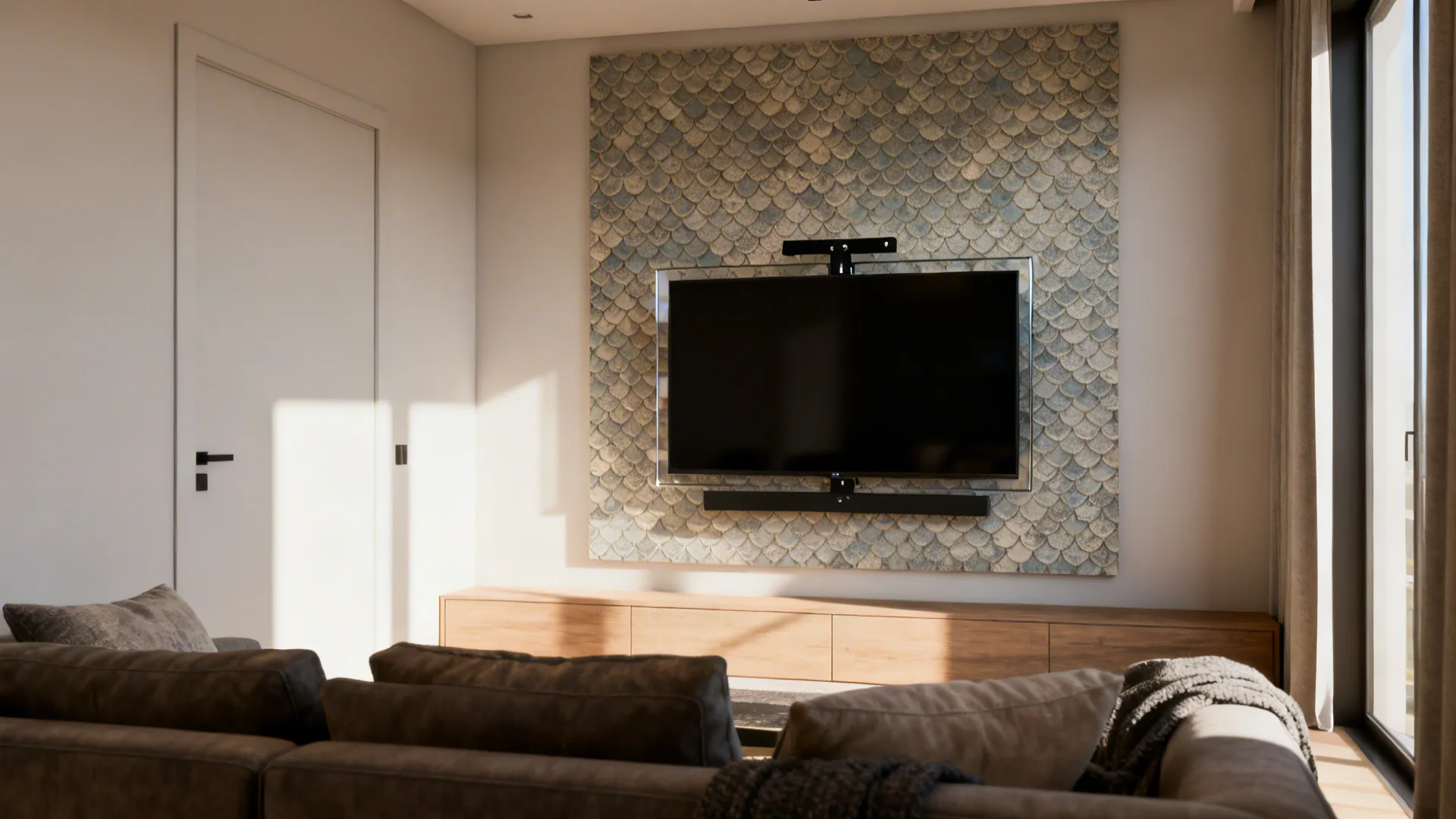 Patterned accent wallpaper panel behind a TV mounted on an anti-glare mount in a small living room.
