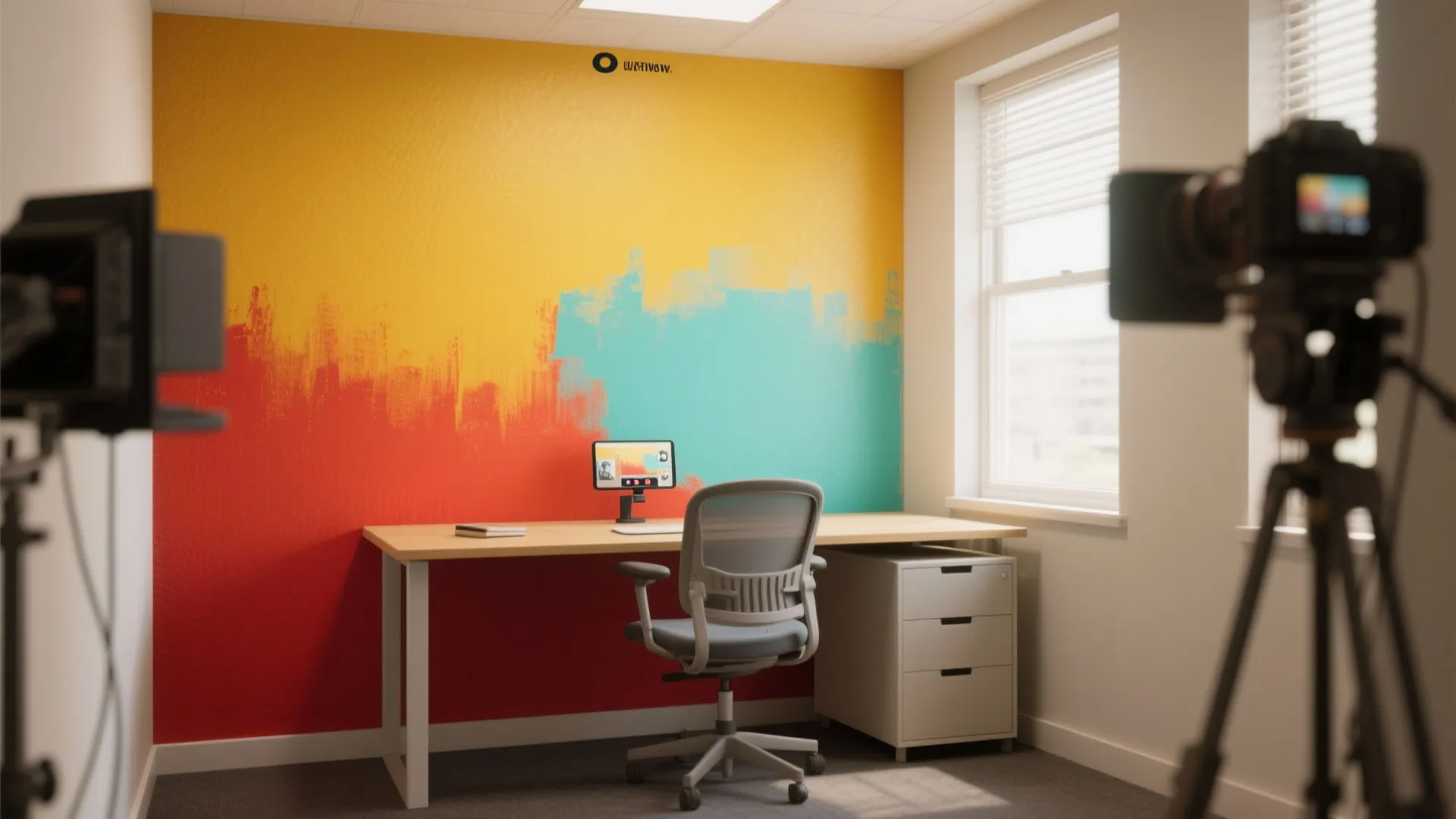 Small office with a single saturated mustard accent wall behind a simple desk for energetic backdrop.
