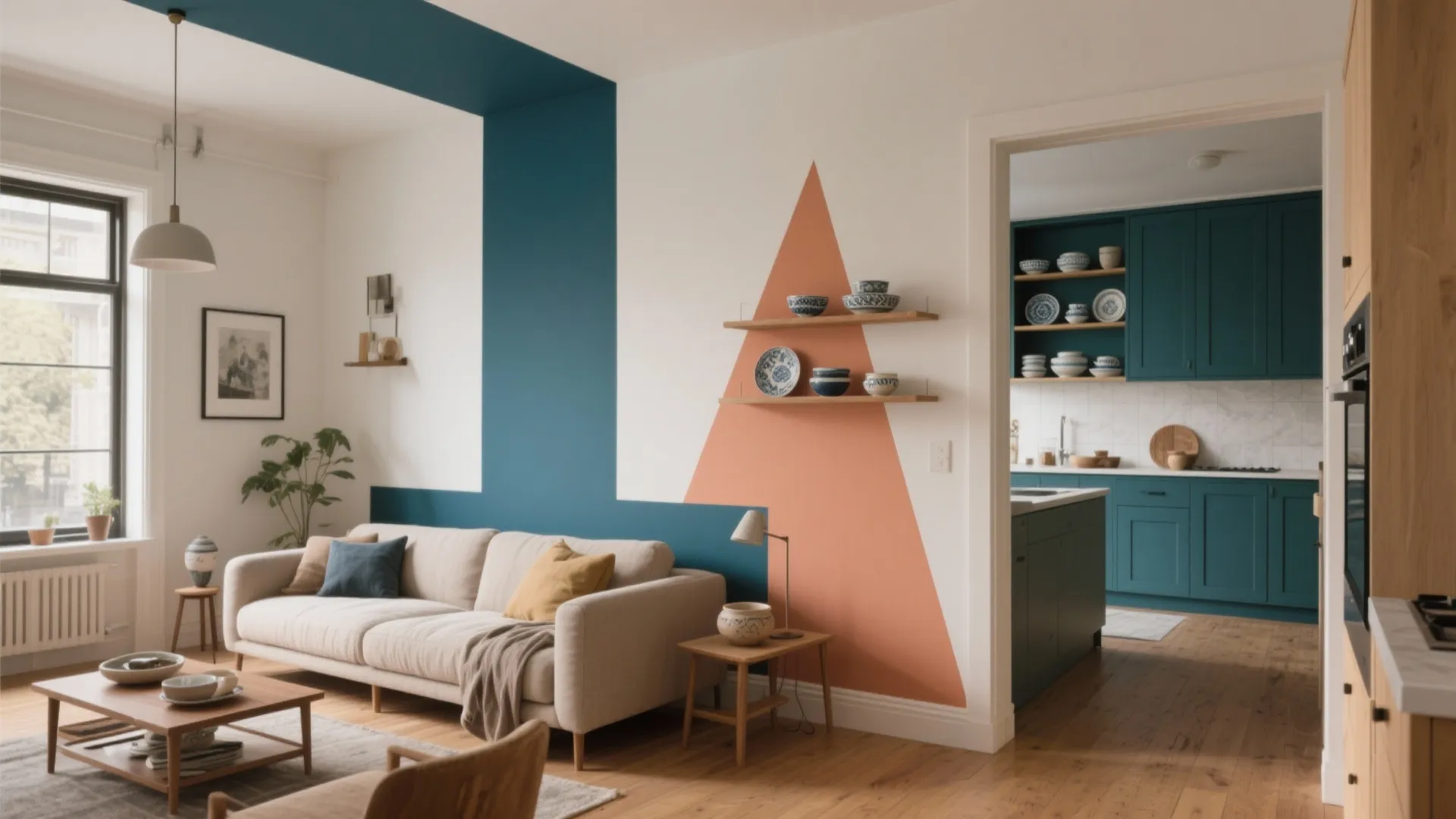 Modern living room with blue and orange geometric wall paint beige sofa and green kitchen