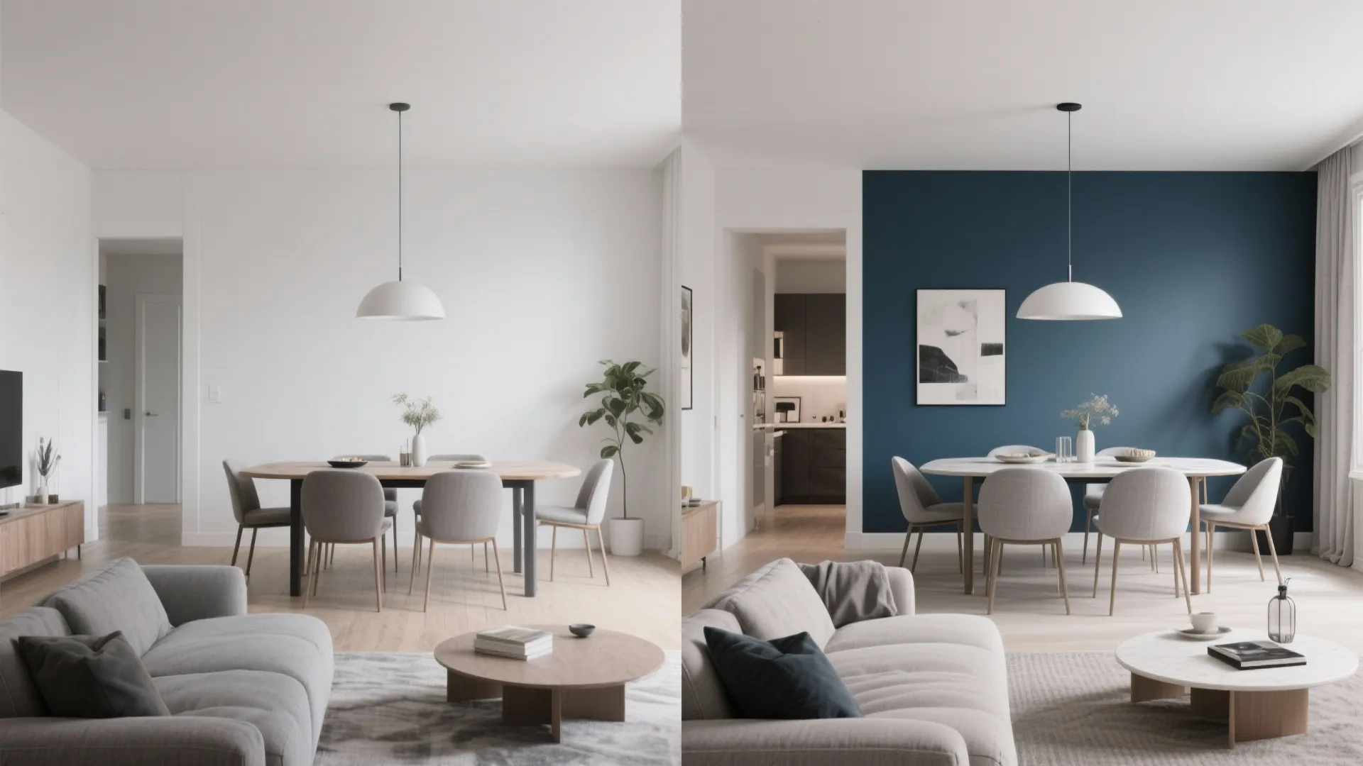 Side by side comparison of a white wall versus a blue accent wall in dining room